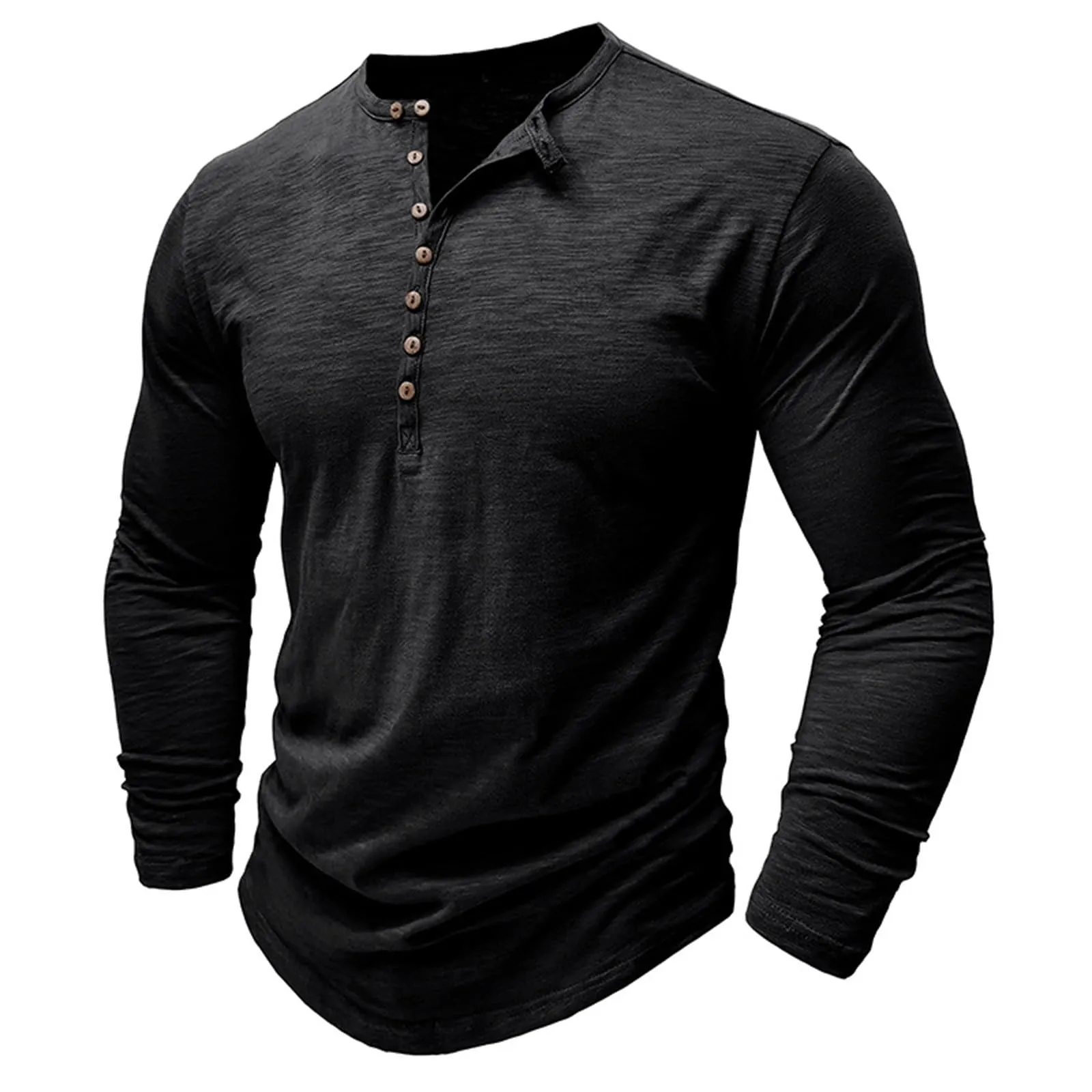 Generisch Maglietta da uomo a maniche lunghe in cotone con bottoni, Slim Fit, Nero, XXL - immagine 1