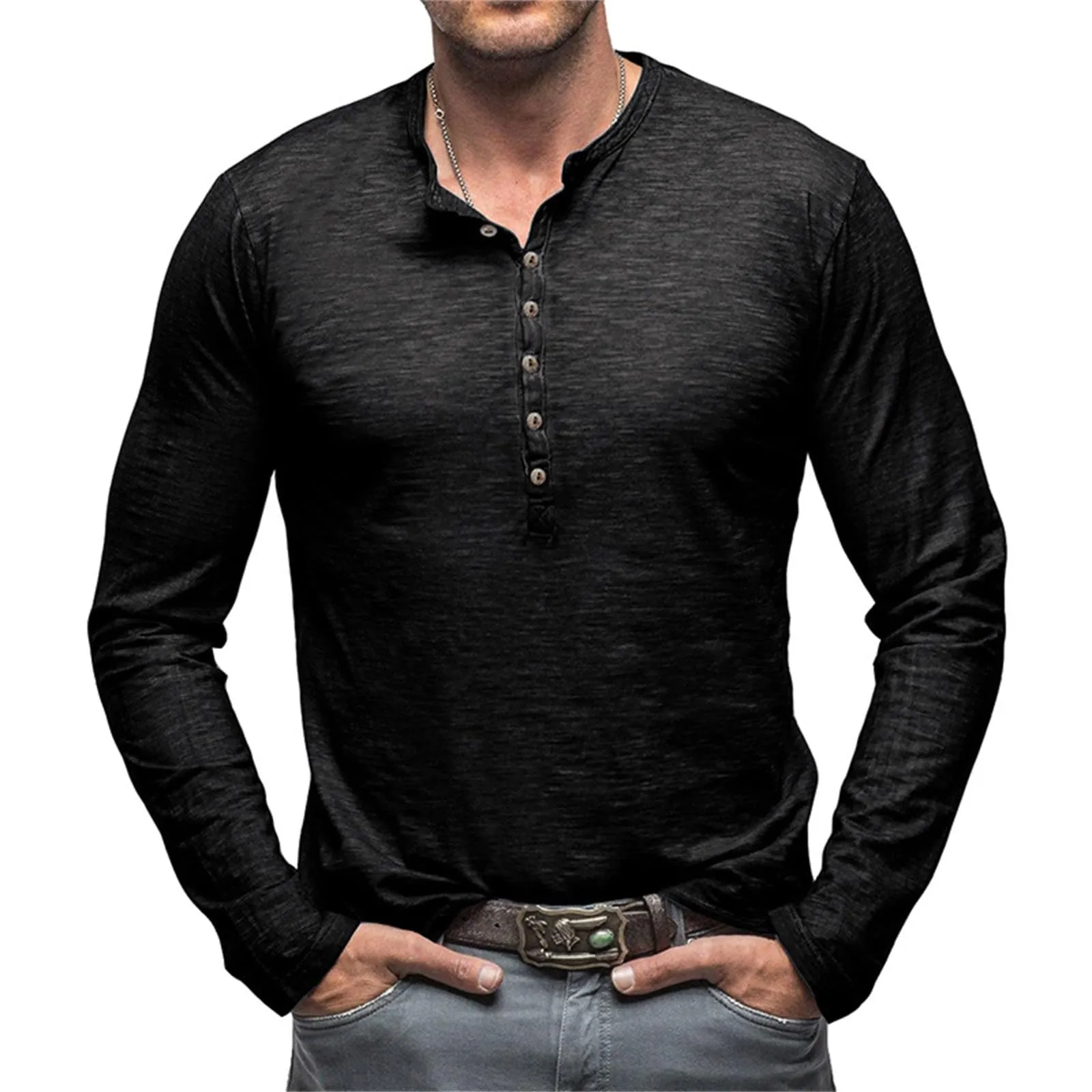 Generisch Maglietta da uomo a maniche lunghe in cotone con bottoni, Slim Fit, Nero, M - immagine 3