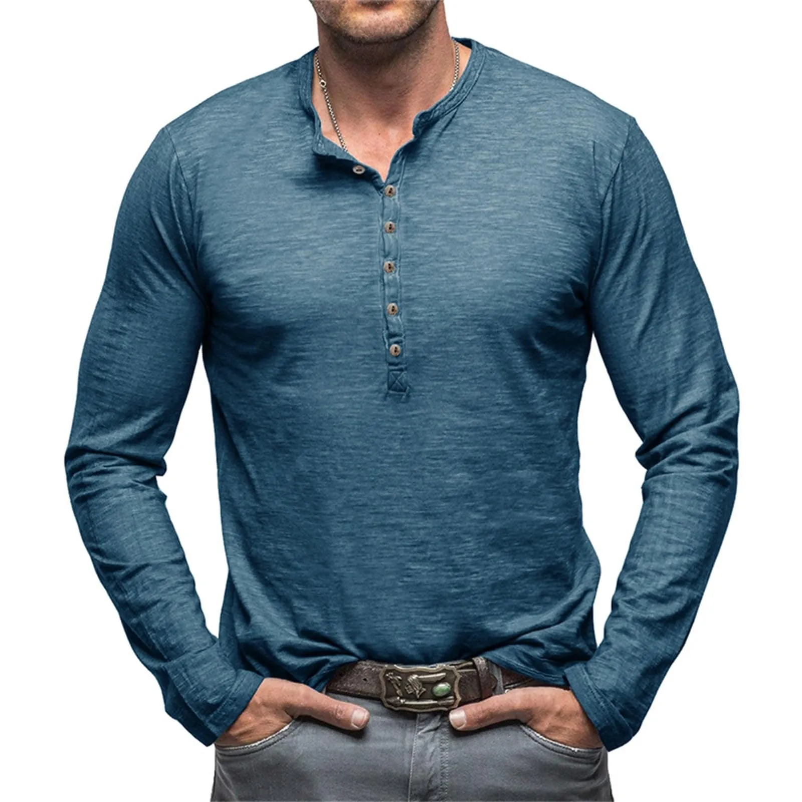 Generisch Maglietta da uomo a maniche lunghe in cotone con bottoni, Slim Fit, Azzurro, XL - immagine 2