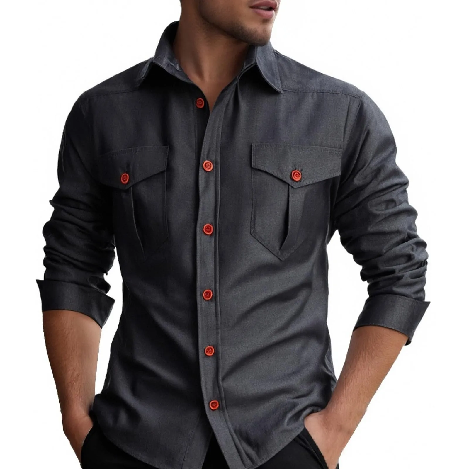 Generisch Camicia da uomo in jeans casual a maniche lunghe con bottoni e tasca sul petto - immagine 1