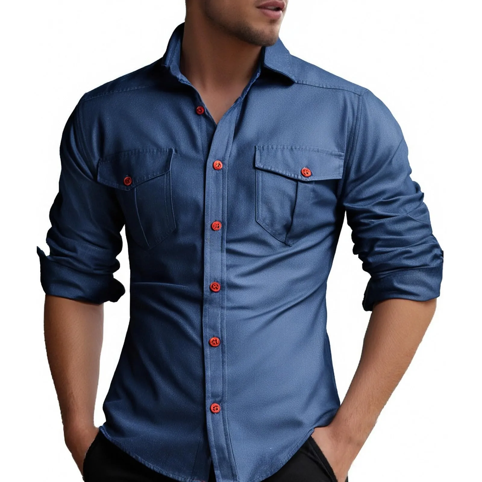 Generisch Camicia in Jeans da Uomo, S4 Blu, L - immagine 1