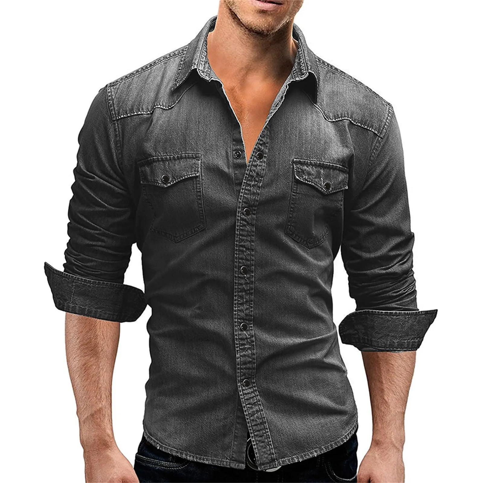 Generisch Camicia in Jeans da Uomo con Bottoni e Taschino sul Petto, Grigio, 3XL - immagine 3
