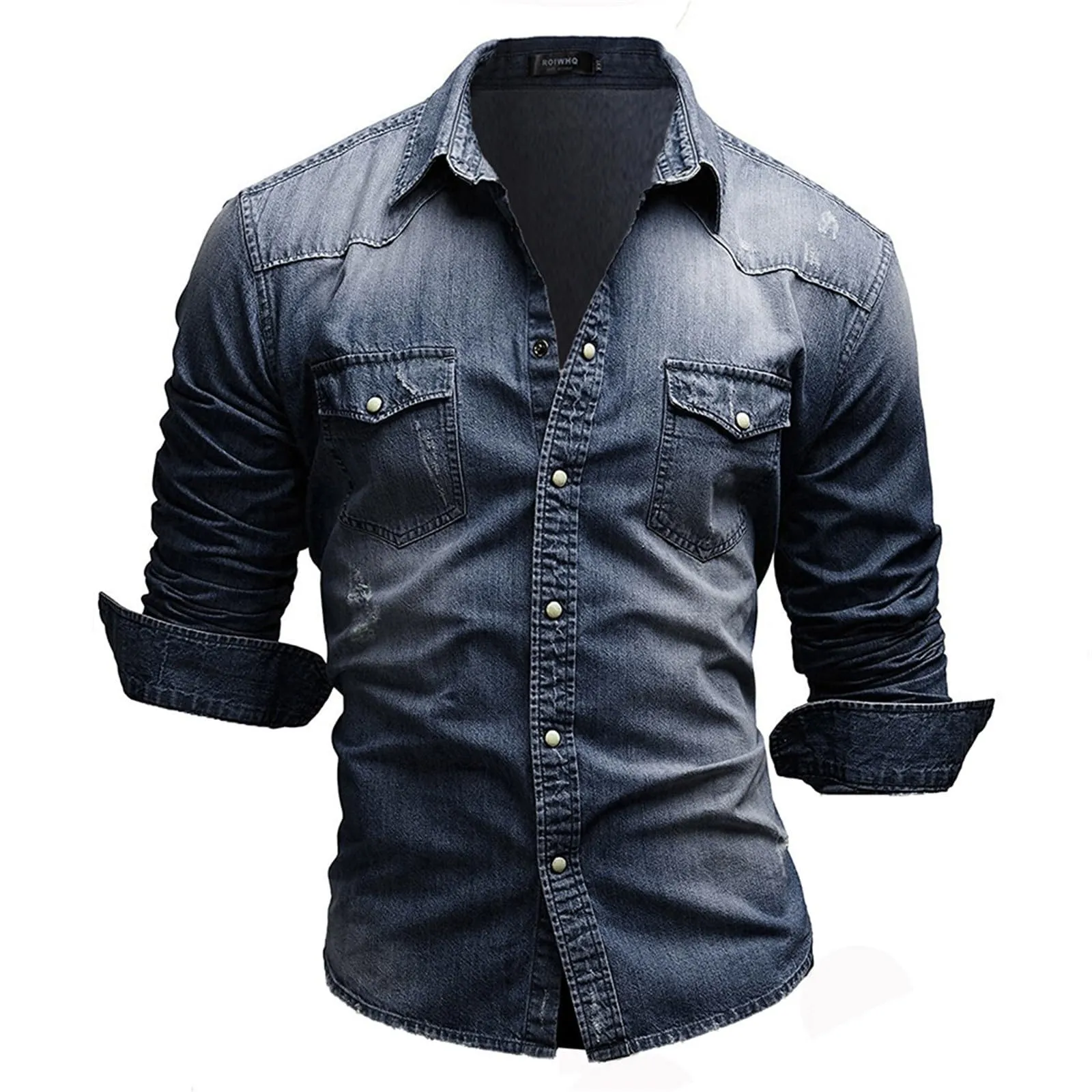 Generisch Camicia in jeans da uomo a maniche lunghe, Blu Scuro, XL - immagine 3