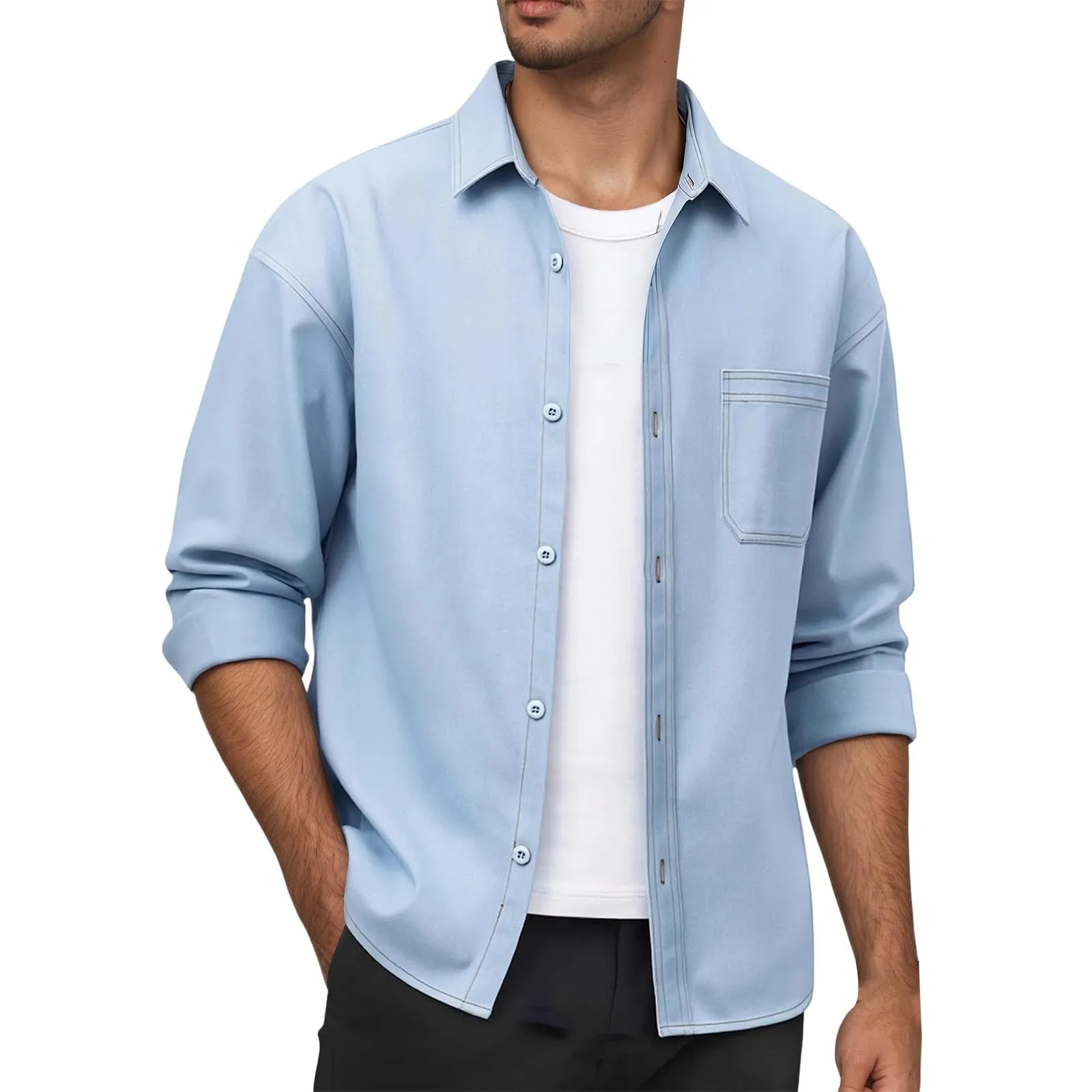 Generisch Camicia in jeans da uomo a maniche lunghe, Blu 1, 3XL - immagine 1