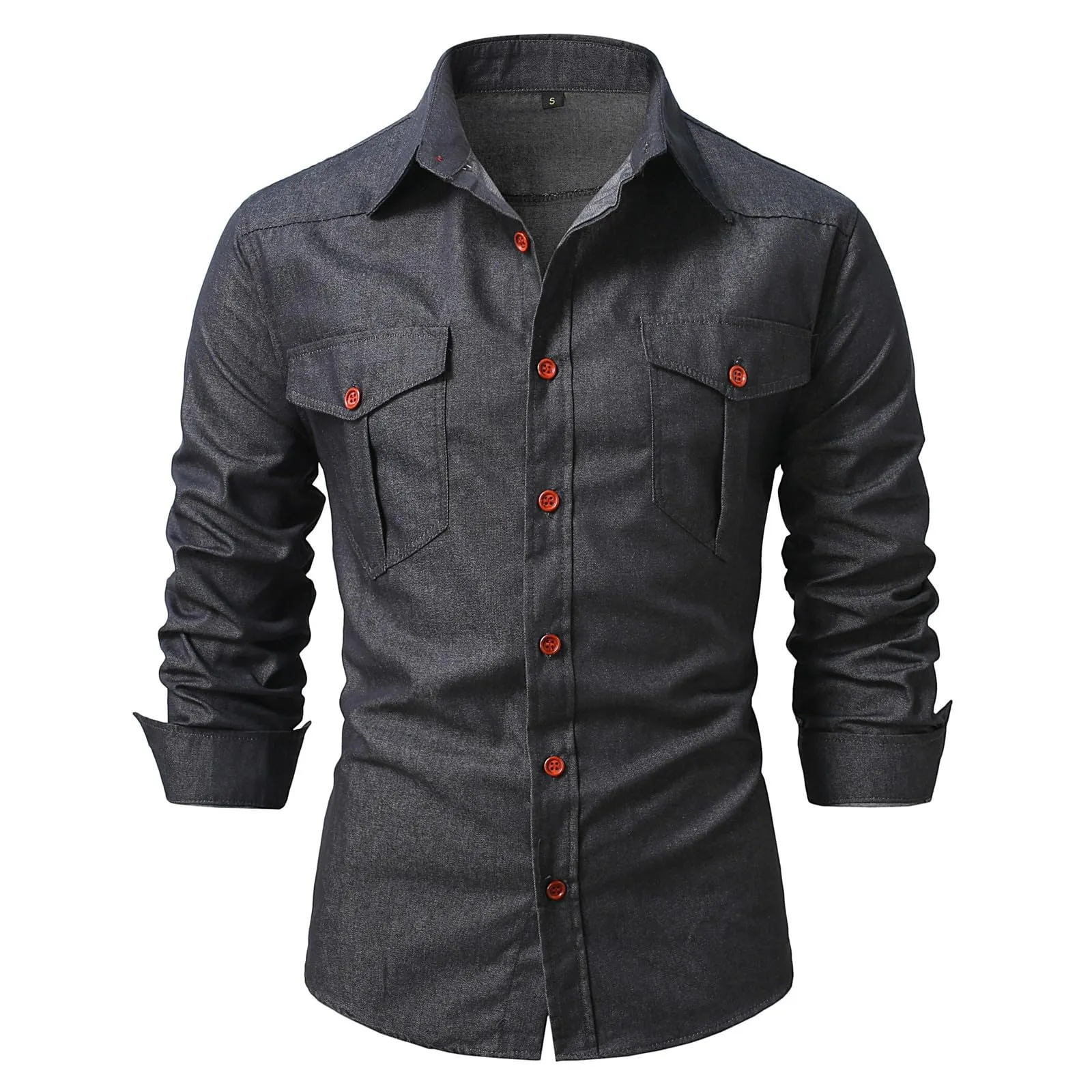 Generisch Camicia da uomo in jeans con bottoni e tasca sul petto, maniche lunghe, Grigio 3XL - immagine 2