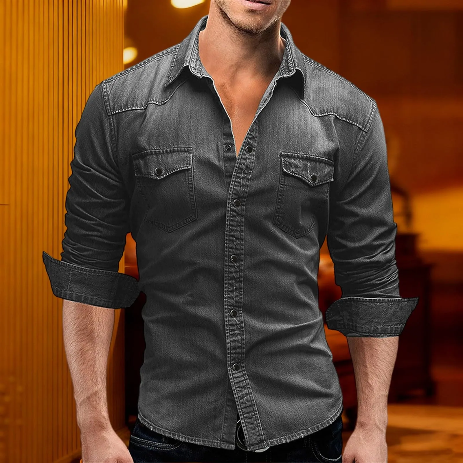 Generisch Camicia in Jeans da Uomo, S5 Grigio, M - immagine 4