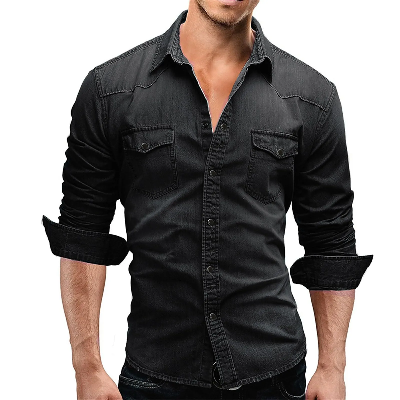 Generisch Camicia in Jeans da Uomo, Grigio Scuro S5, XL - immagine 1