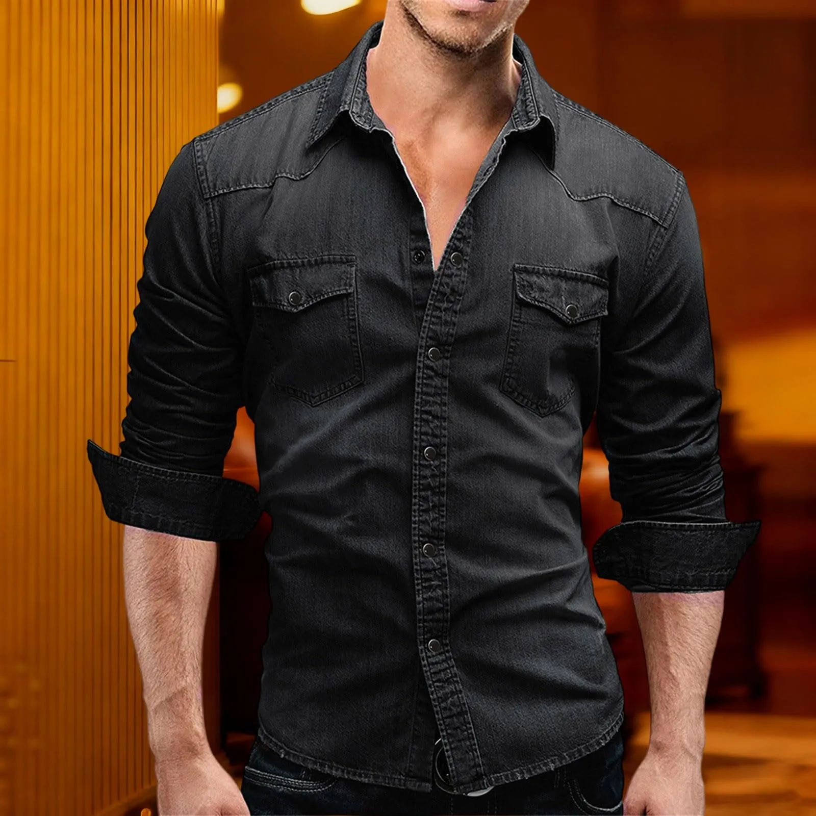 Generisch Camicia in Jeans da Uomo, Grigio Scuro S5, Taglia M - immagine 4