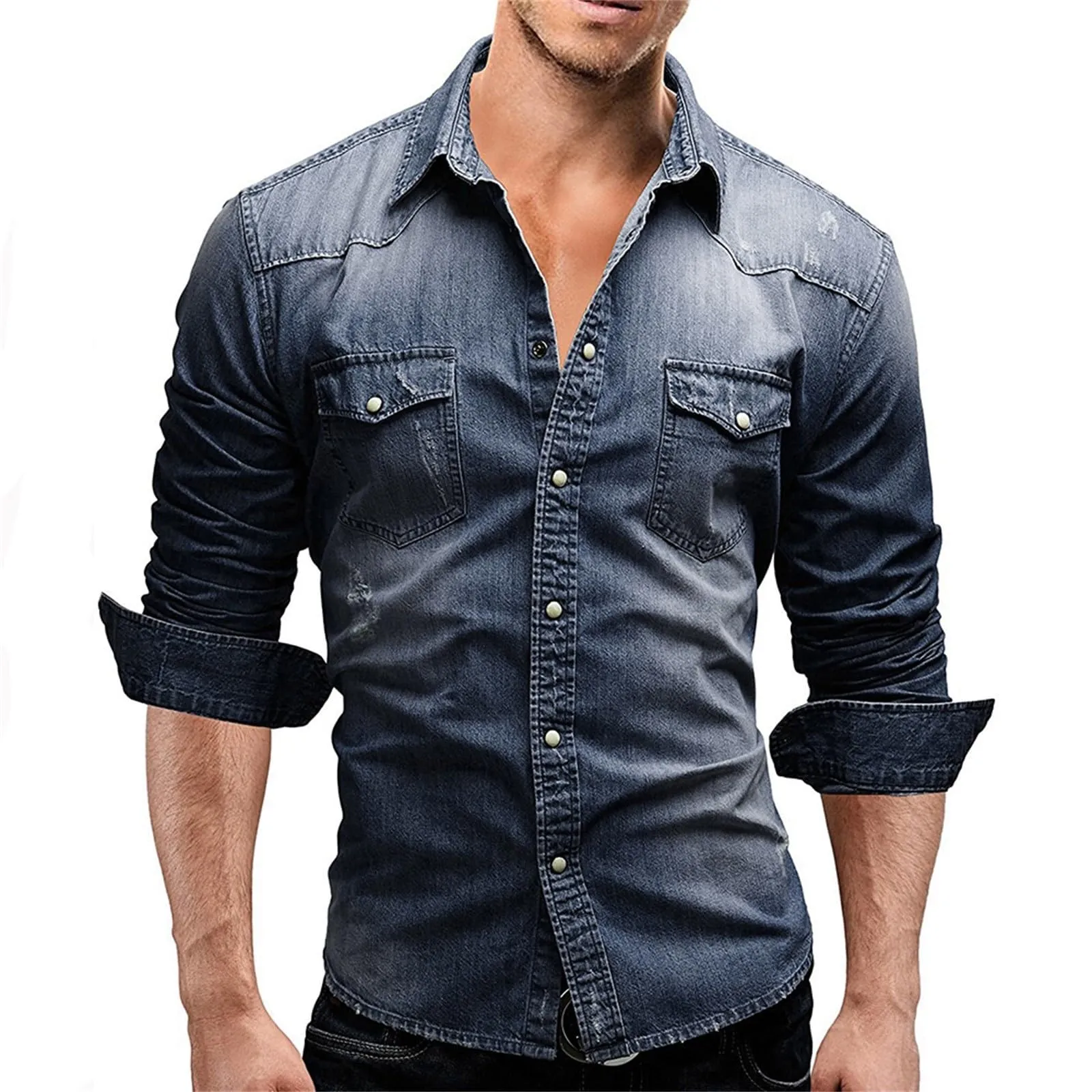 Generisch Camicia in Jeans da Uomo, S5 Blu Scuro, XXL - immagine 1