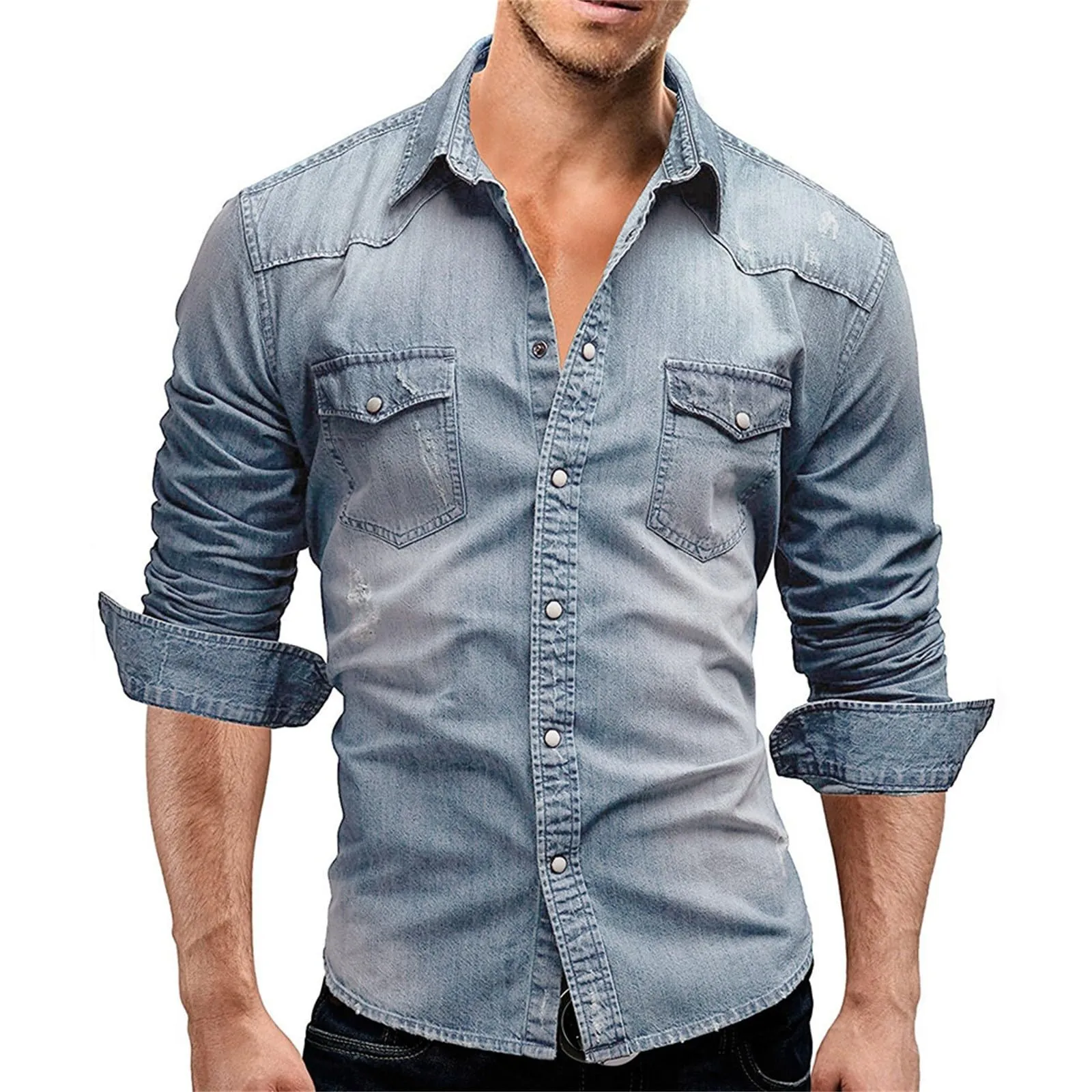 Generisch Camicia in Jeans da Uomo a Maniche Lunghe, Azzurro, XL - immagine 1