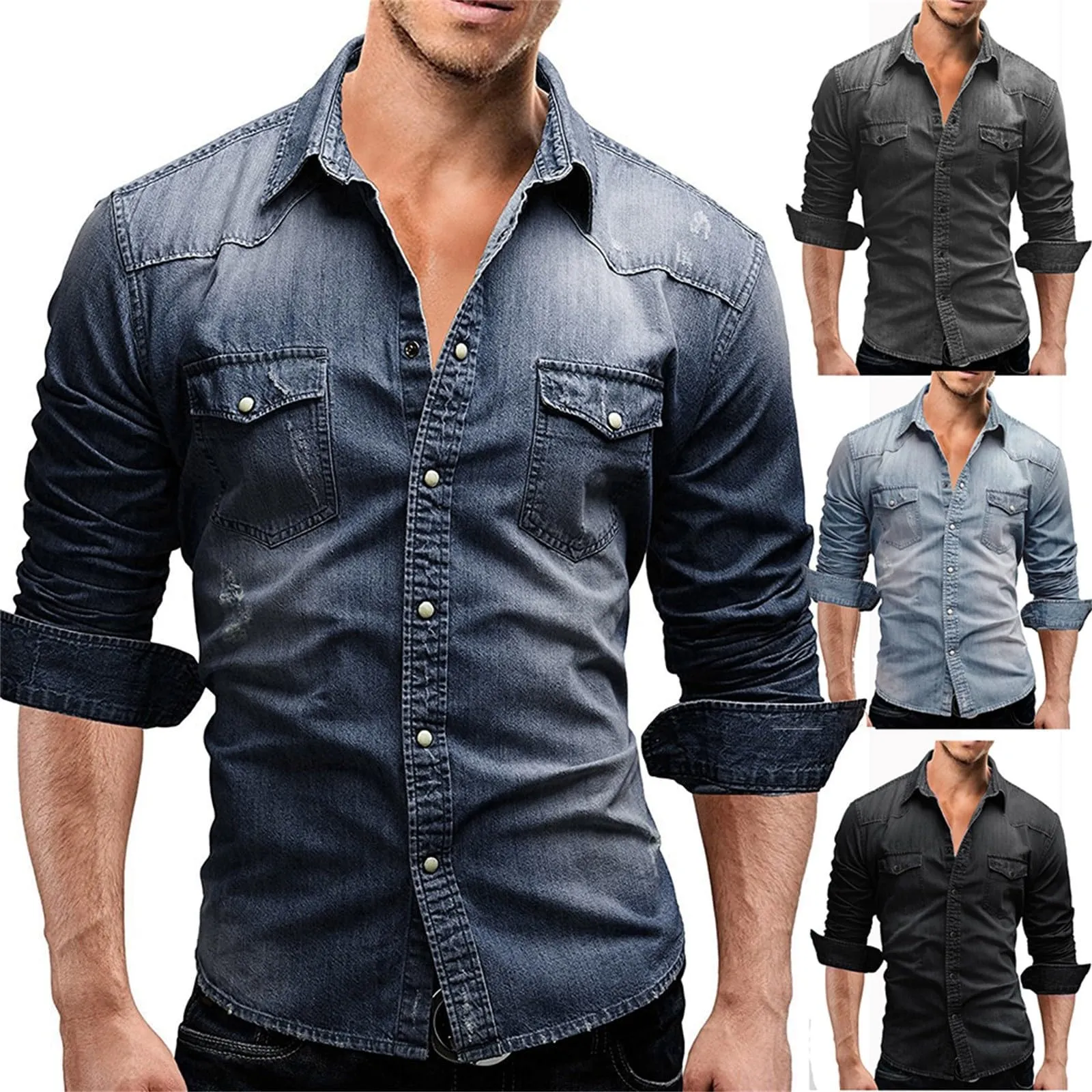Generisch Camicia in Jeans da Uomo a Maniche Lunghe, Azzurro, XL - immagine 2