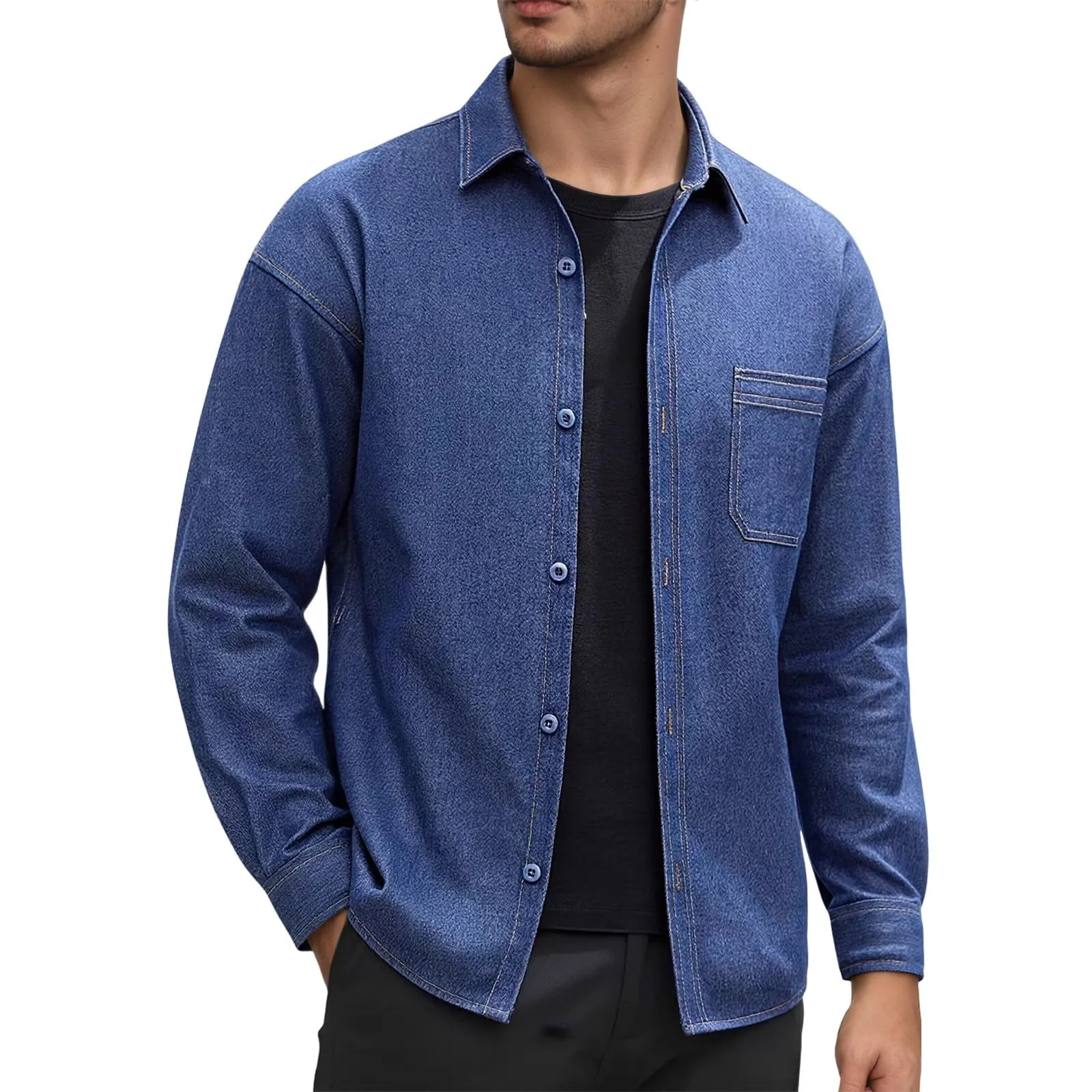 Generisch Camicia in jeans da uomo a maniche lunghe, stile cowboy con tasca sul petto - immagine 1