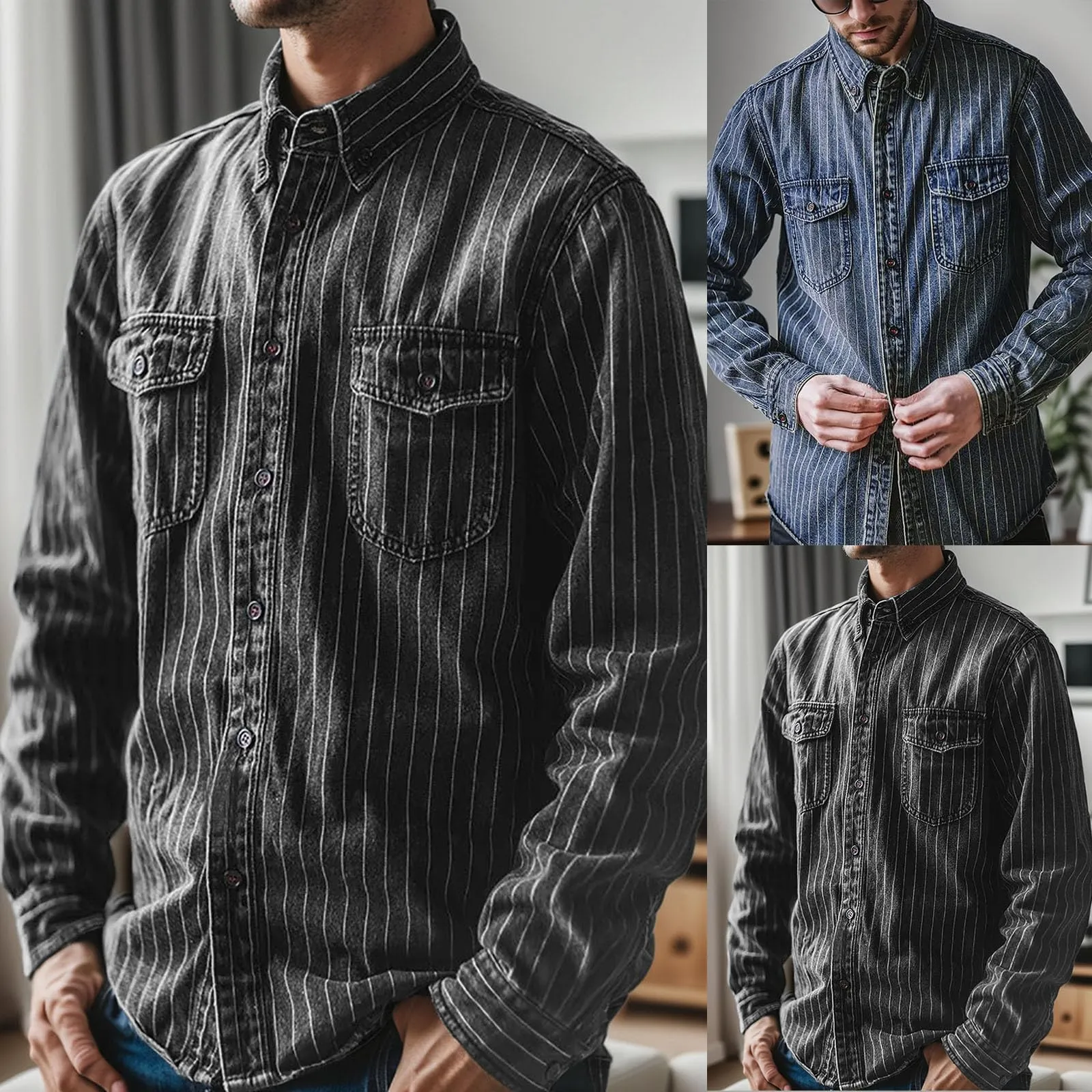 Generisch Camicia in jeans da uomo a maniche lunghe, Grigio L - immagine 2