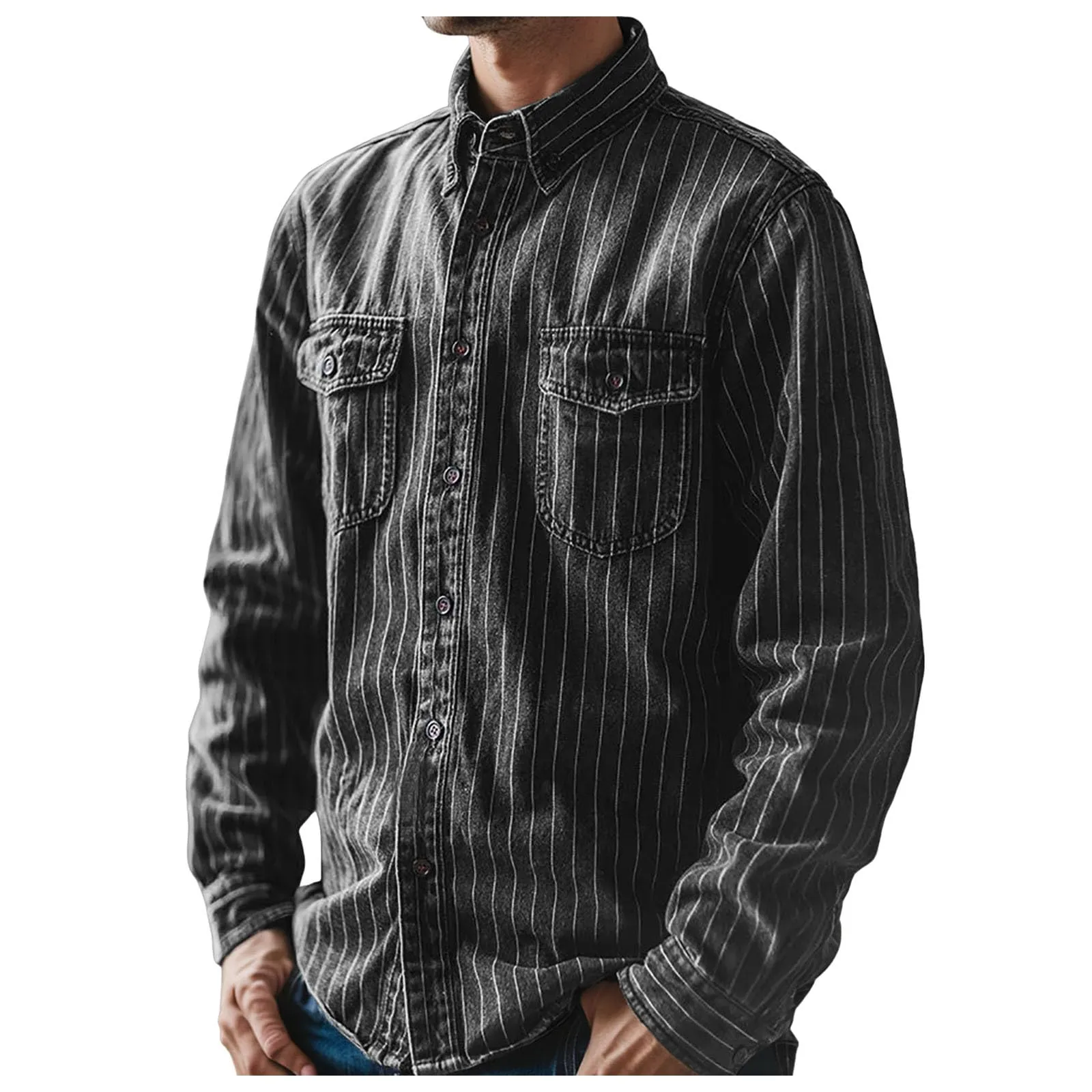 Generisch Camicia in jeans da uomo a maniche lunghe con bottoni e tasca sul petto, Grigio 3XL - immagine 1