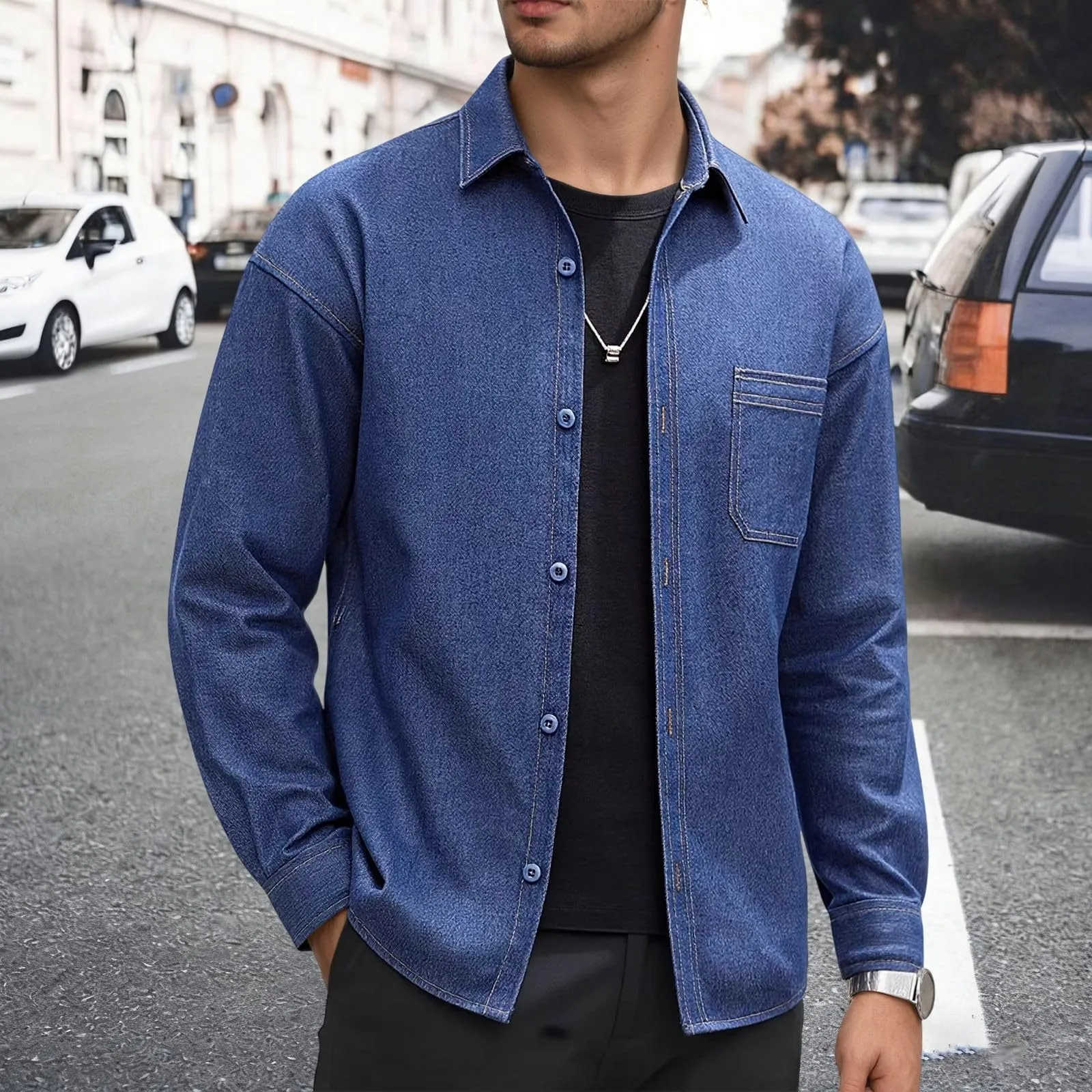Generisch Camicia in Jeans da Uomo a Maniche Lunghe, Blu S6 2, Taglia M - immagine 3