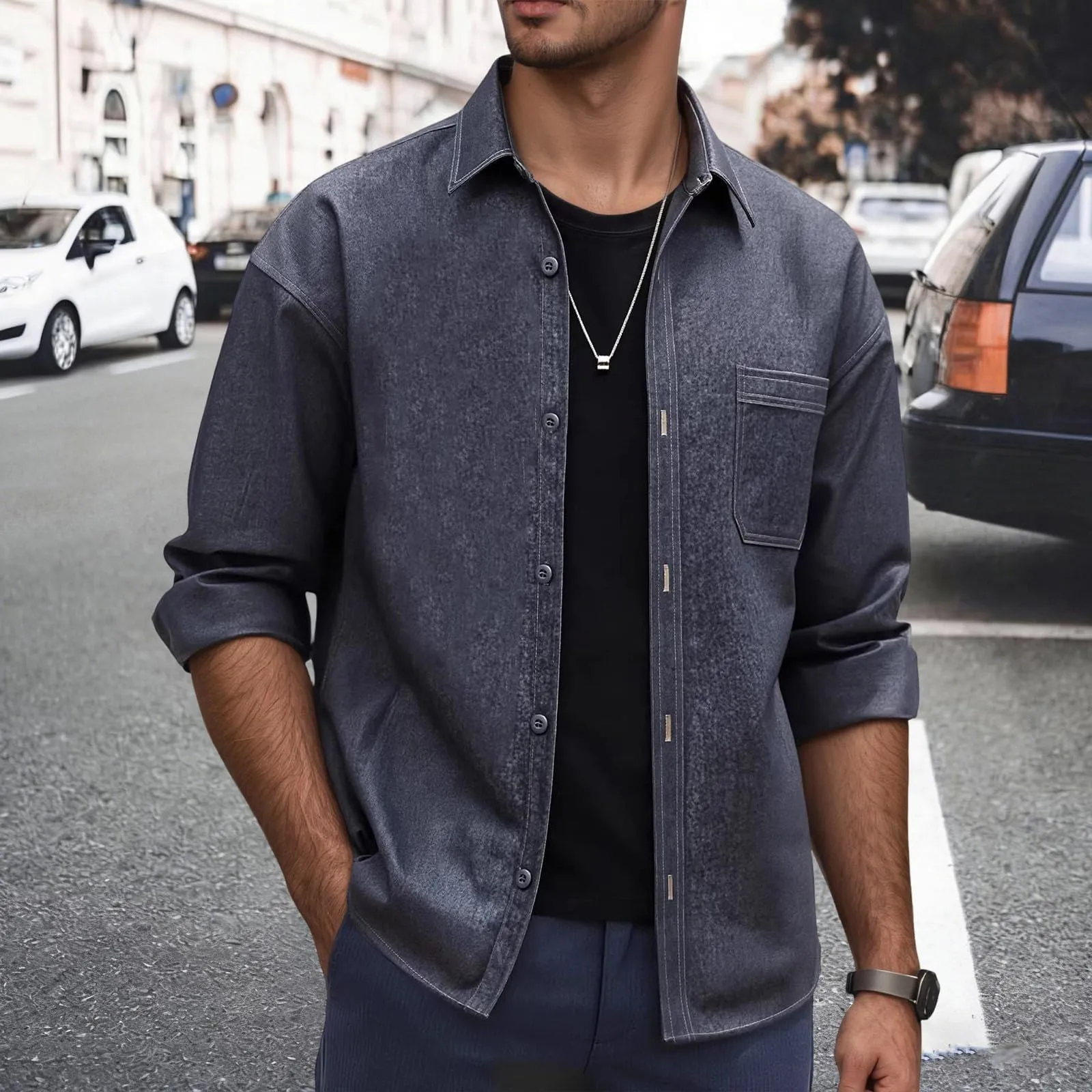 Generisch Camicia in Jeans da Uomo a Maniche Lunghe - immagine 3