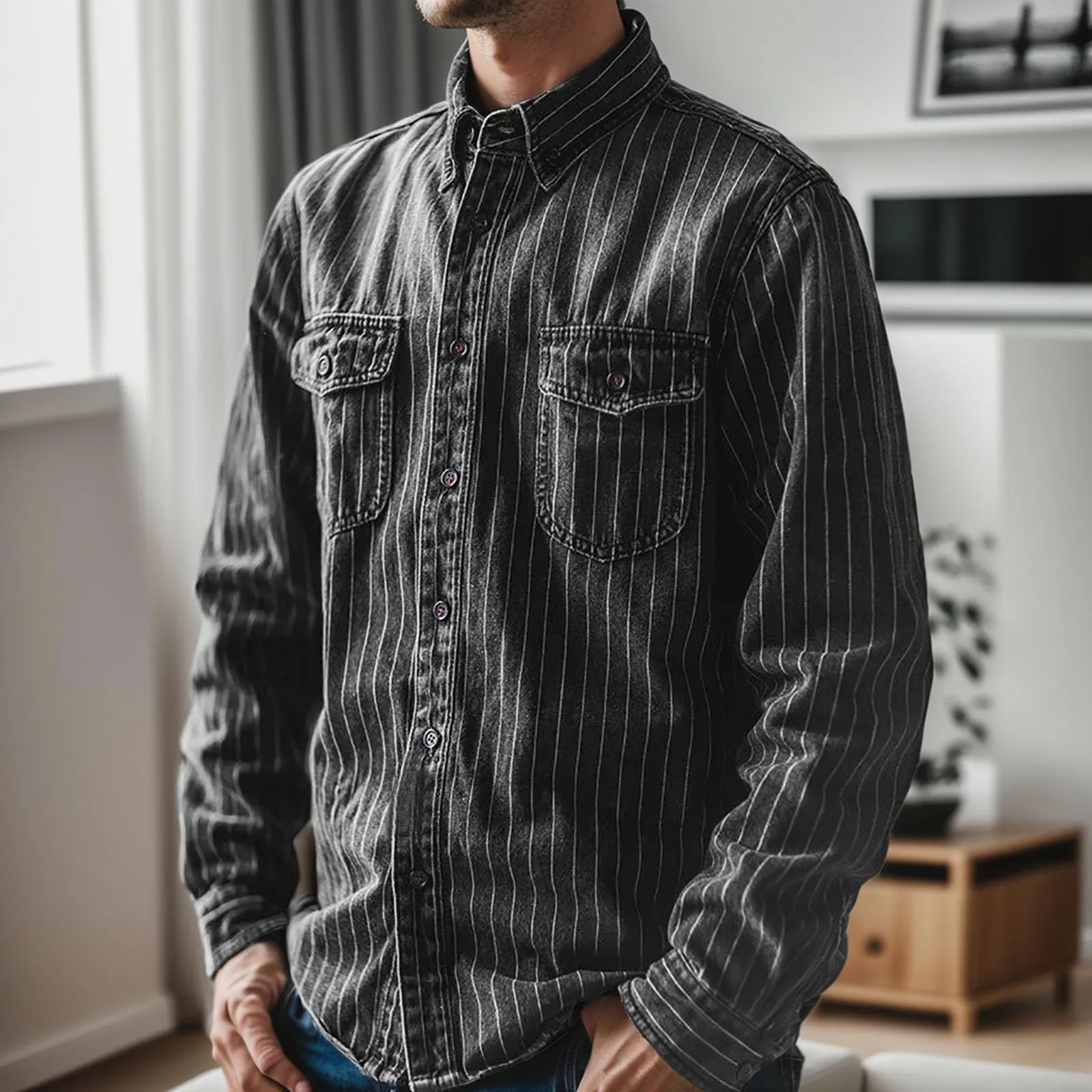 Generisch Camicia in jeans da uomo a maniche lunghe, stile cowboy con tasca sul petto - immagine 3