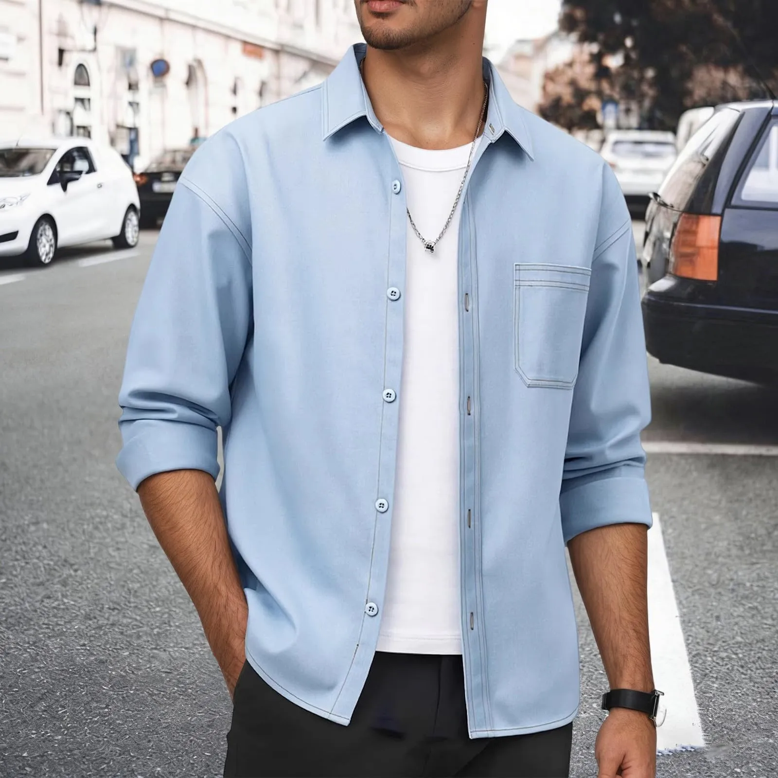 Generisch Camicia in Jeans da Uomo a Maniche Lunghe, Taglio Morbido, Blu - immagine 3