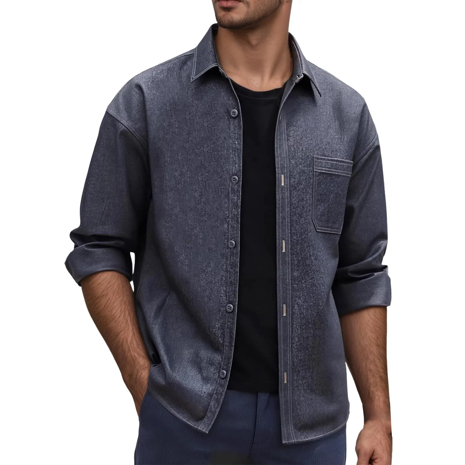 Generisch Camicia in jeans da uomo a maniche lunghe con bottoni e tasca sul petto - immagine 1