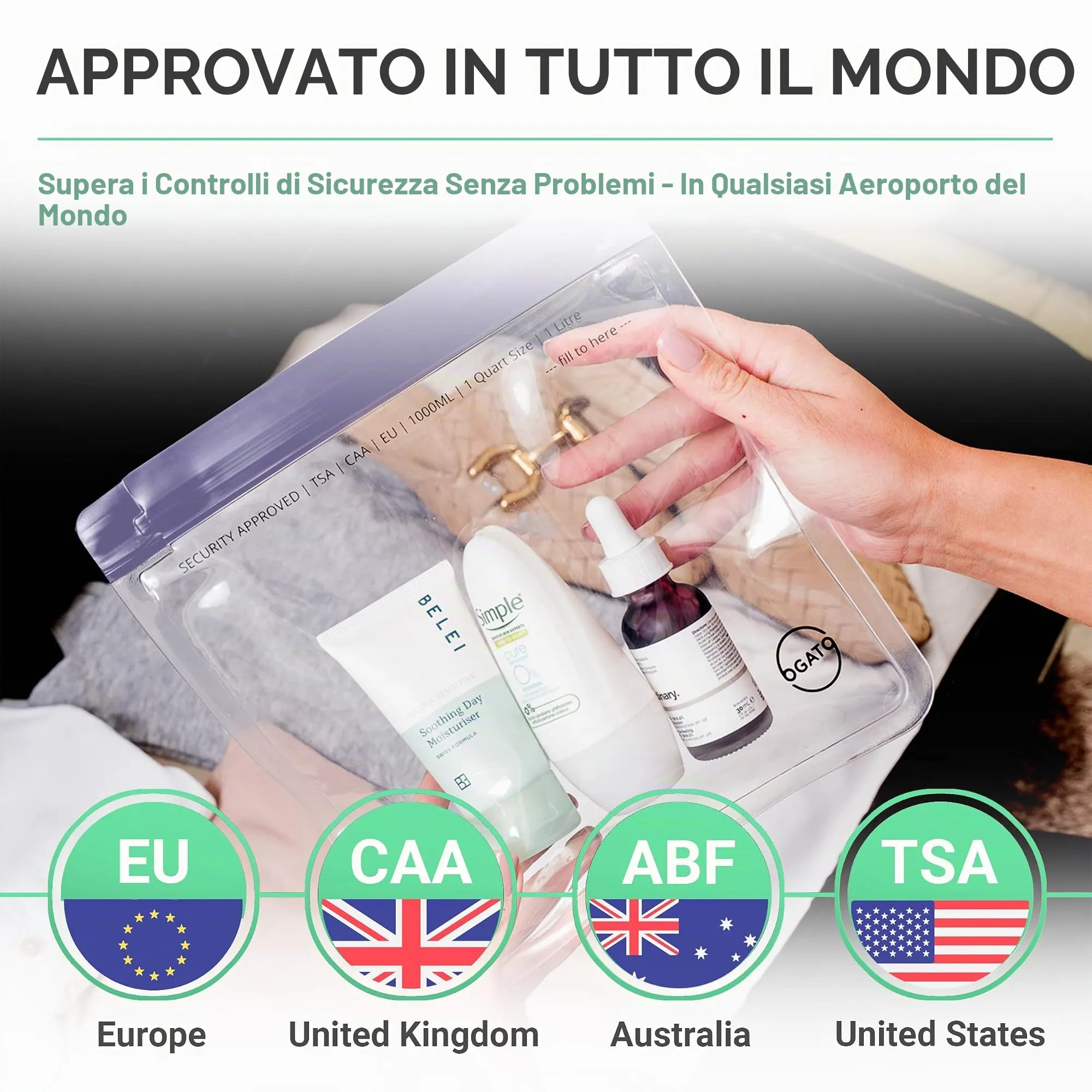Ogato Trousse per cosmetici trasparente approvata TSA, viola, 23.5 x 22.5 cm, confezione da 3 pezzi - immagine 2
