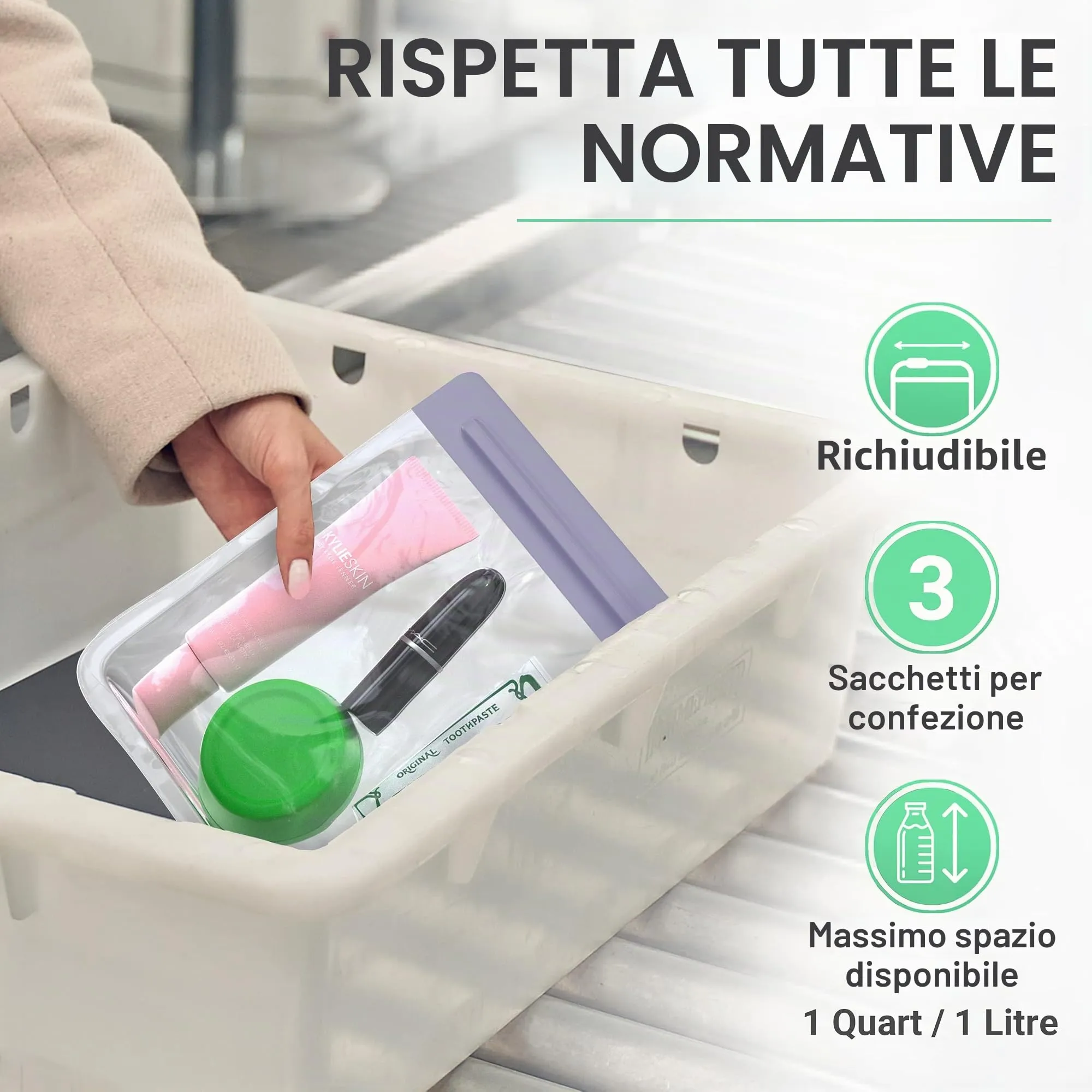 Ogato Trousse per cosmetici trasparente approvata TSA, viola, 23.5 x 22.5 cm, confezione da 3 pezzi - immagine 5
