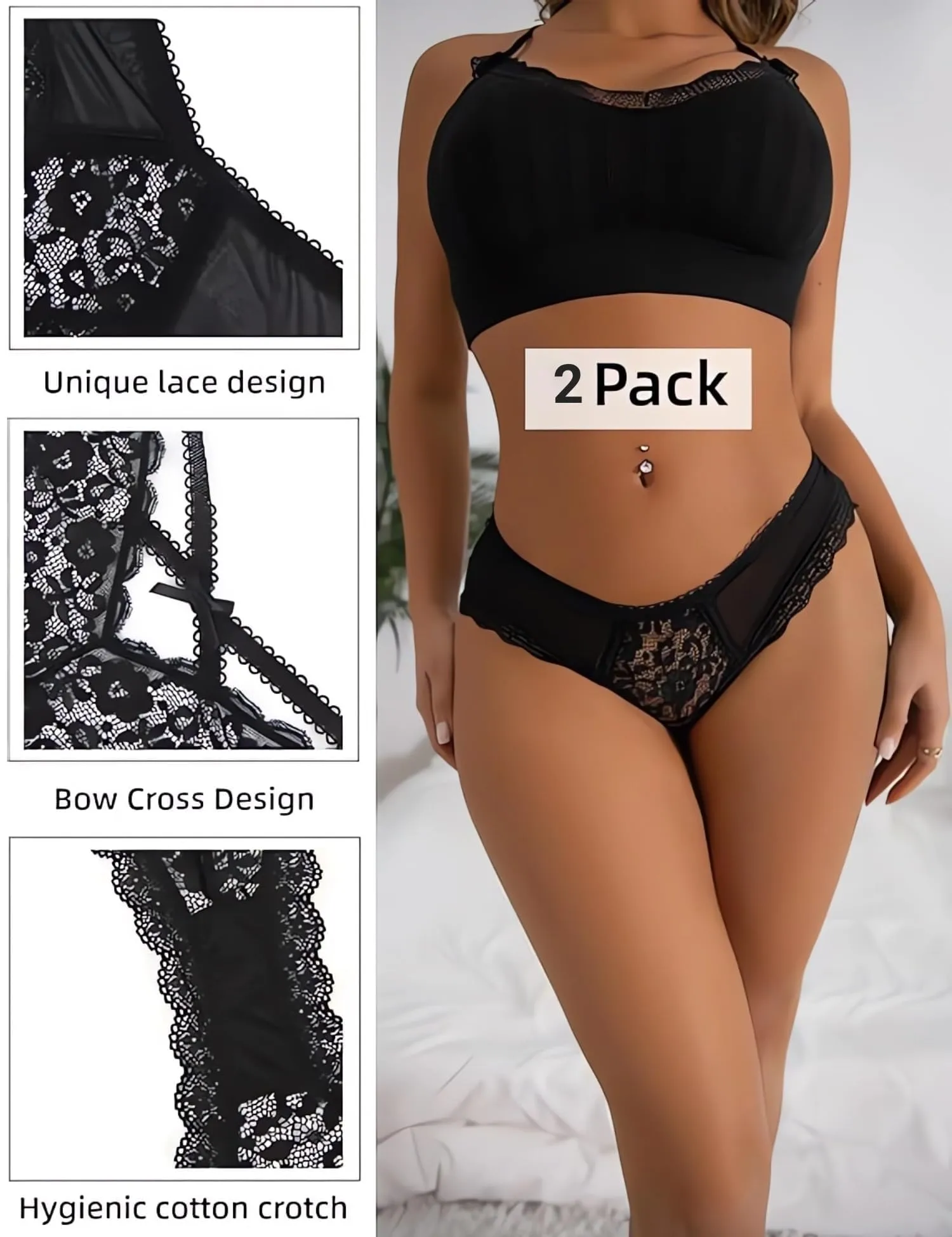ohmydear Perizoma Donna in Pizzo Vita Bassa, 2 Pezzi, Modello Tanga Slip - immagine 5