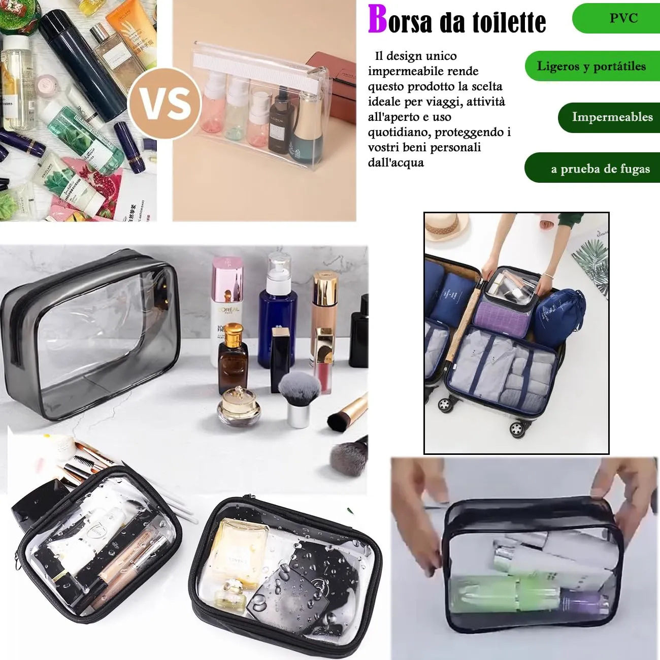 Constefire Set Borsa da Toilette Trasparente e 8 Bottigliette da Viaggio 100ml per Cosmetici, Shampoo e Crema - immagine 5