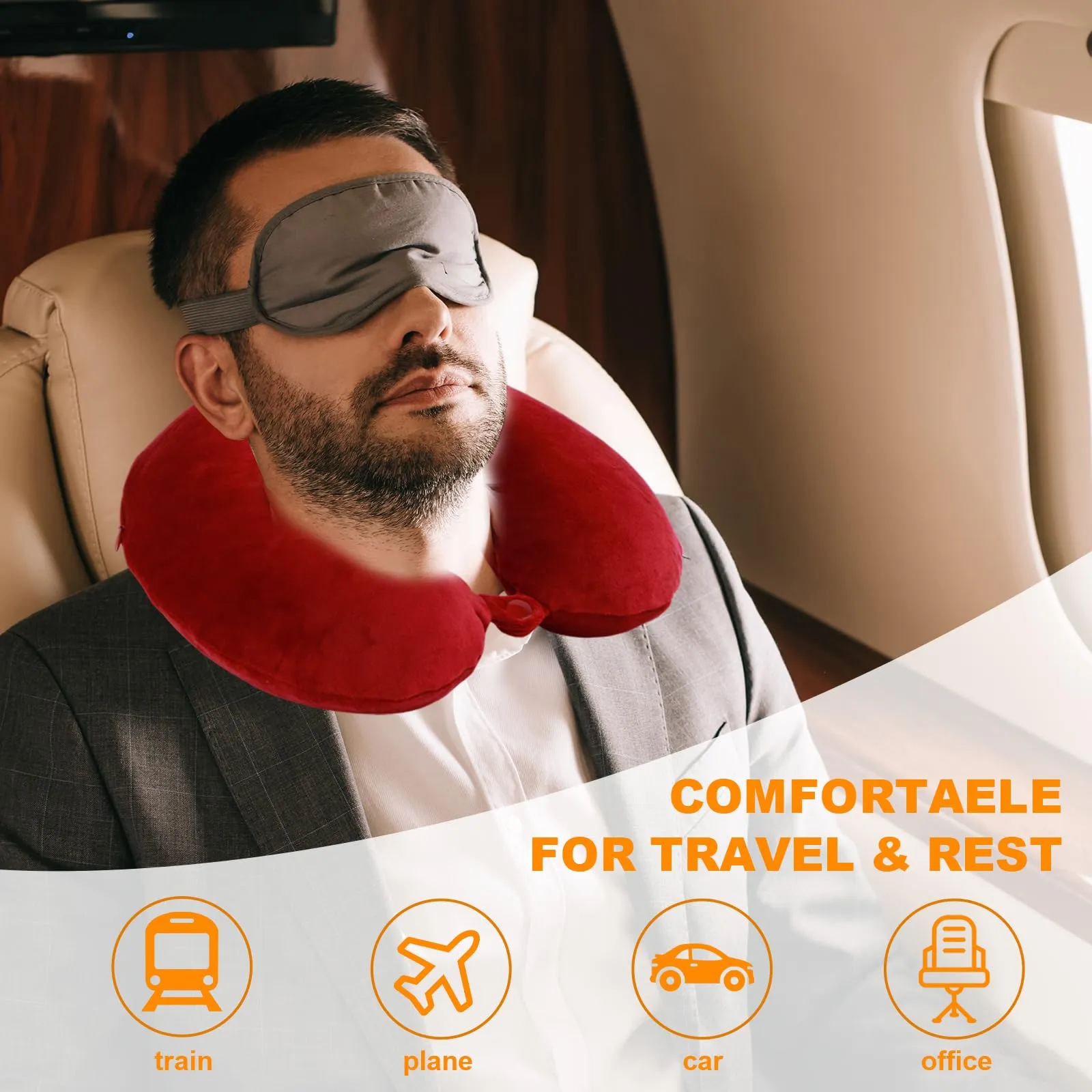 Far win Cuscino da viaggio in Memory Foam a forma di U, 30x30x9cm, Rosso - immagine 2
