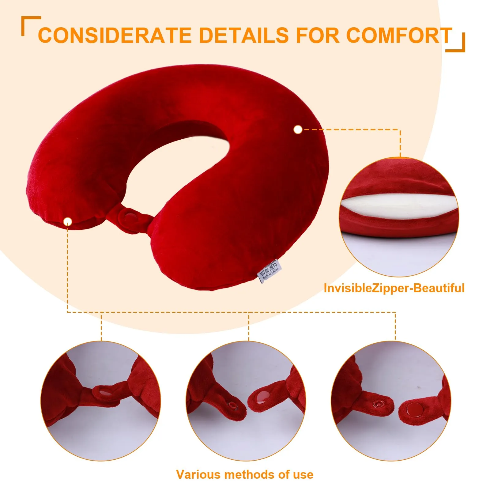 Far win Cuscino da viaggio in Memory Foam a forma di U, 30x30x9cm, Rosso - immagine 5