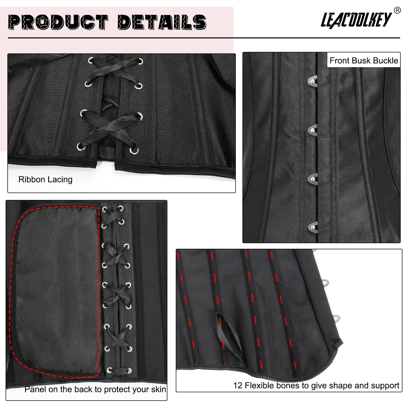 LEACOOLKEY Corsetto Gotico Push-up Bodyshaper Nero, S - immagine 6