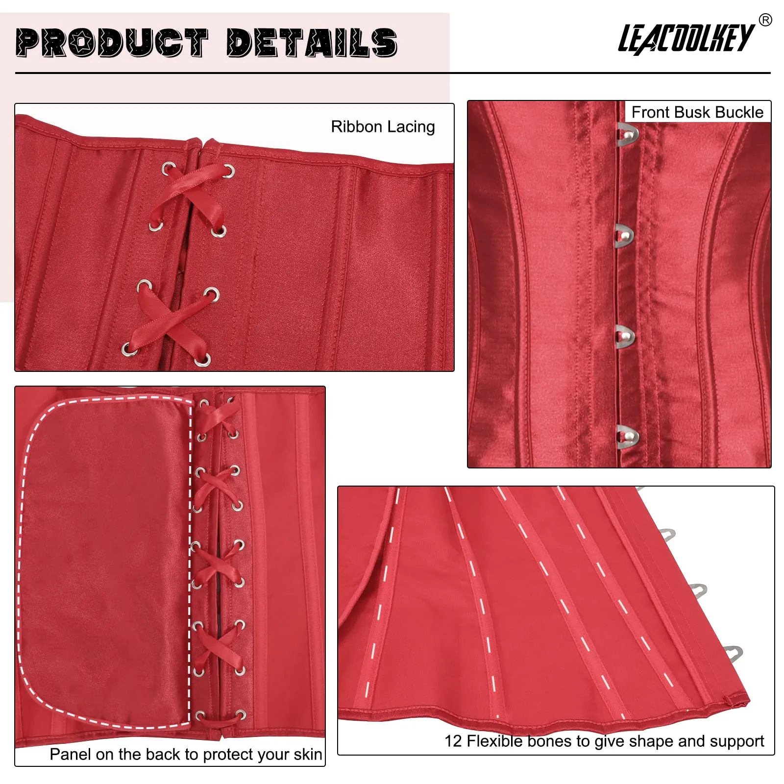 LEACOOLKEY Corsetto Gotico Push-up Bodyshaper per Donna, Rosso, S - immagine 6
