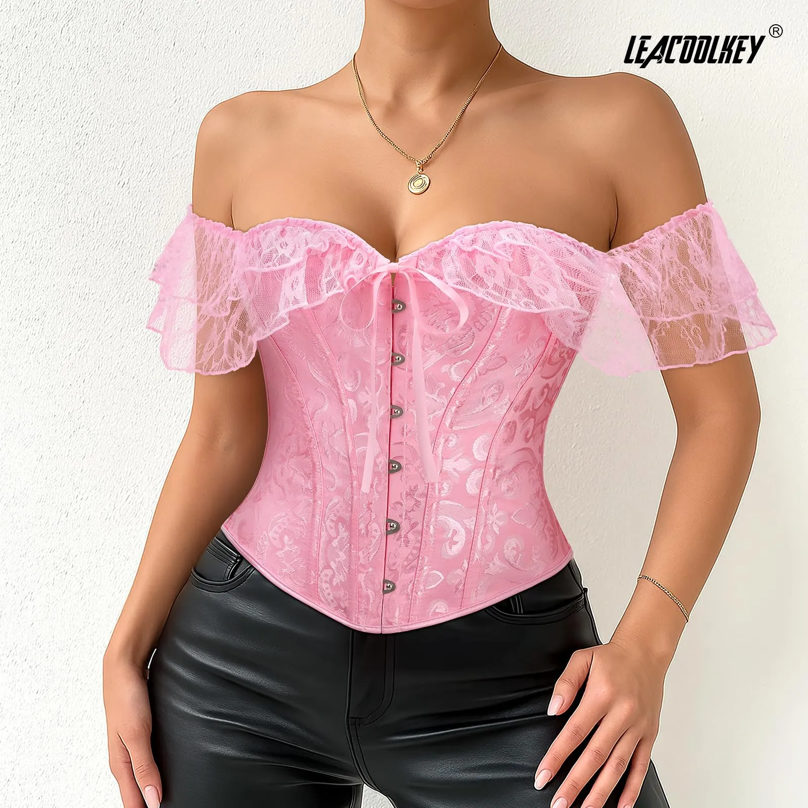 LEACOOLKEY Corsetto Gotico Push-up Bodyshaper per Donna, XL, Pizzo Rosa - immagine 3