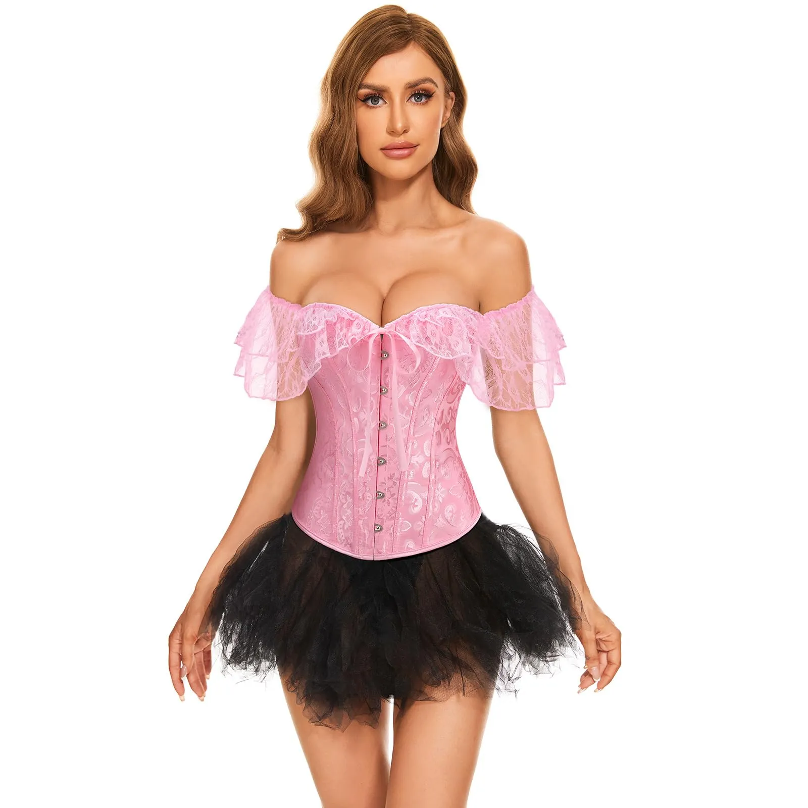 LEACOOLKEY Corsetto Gotico Push-up Bodyshaper per Donna, XL, Pizzo Rosa - immagine 5