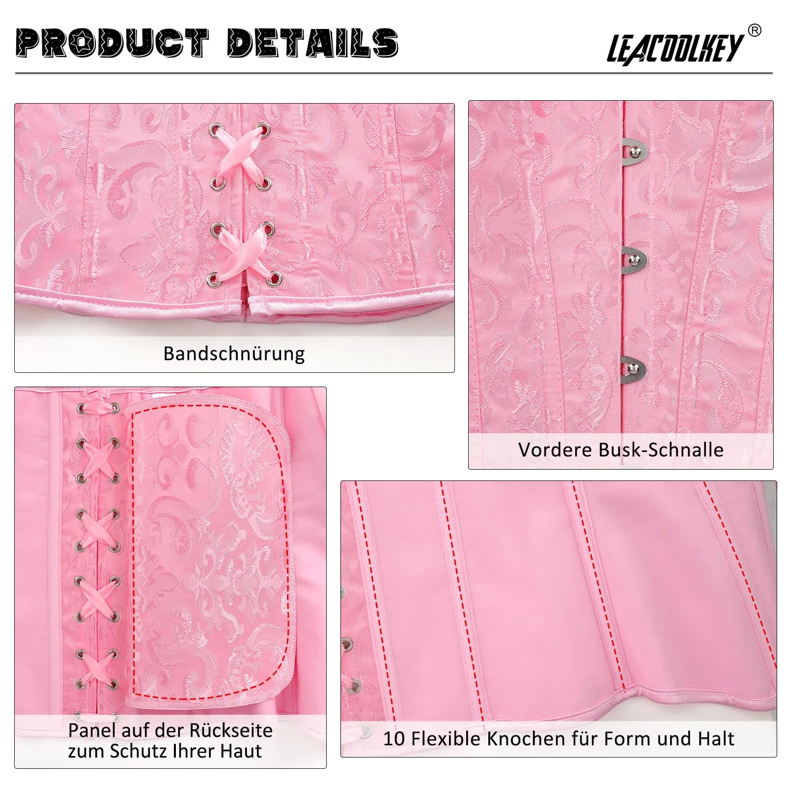 LEACOOLKEY Corsetto Gotico Push-up Bodyshaper per Donna, XL, Pizzo Rosa - immagine 7