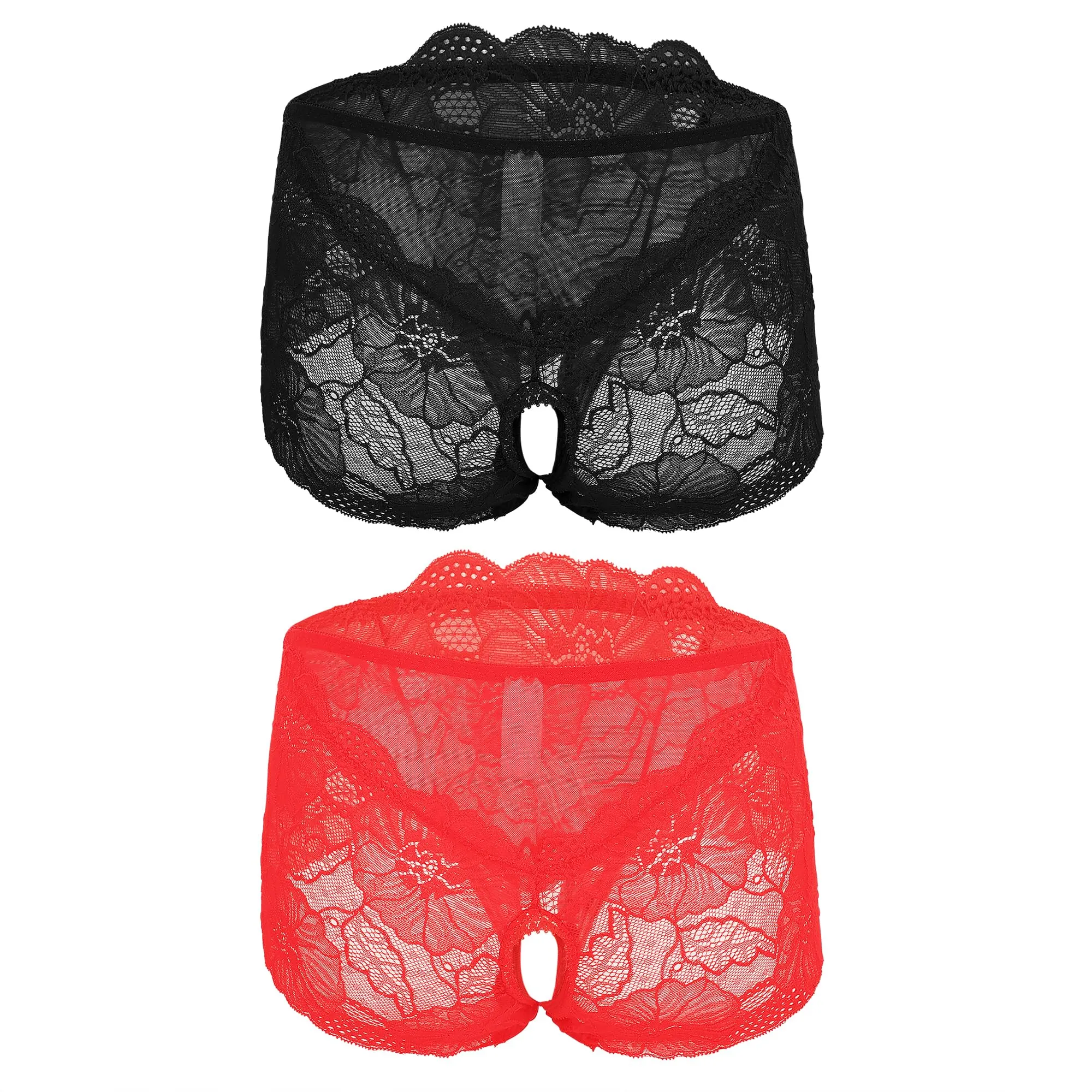 TINAYAUE Perizoma aperto da donna, 2 pezzi, slip trasparenti in pizzo, taglia grande (100-105 cm), nero+rosso - immagine 3