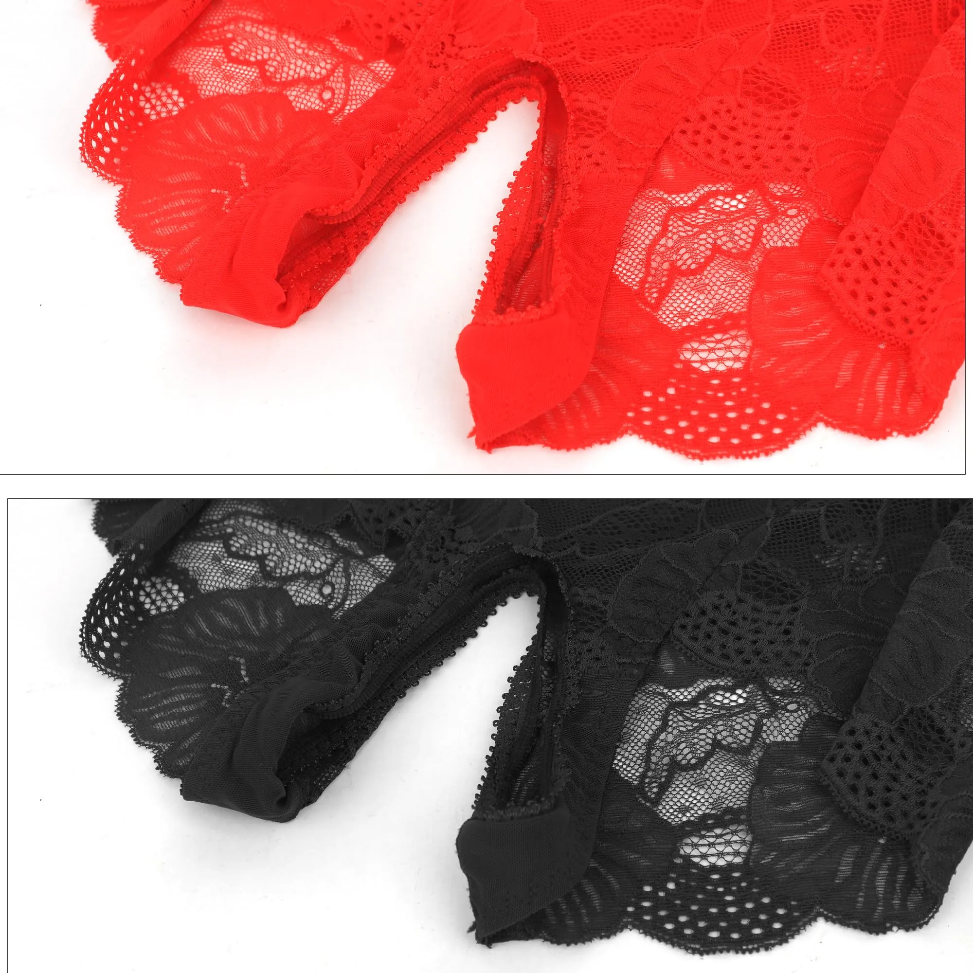 TINAYAUE Perizoma aperto da donna, 2 pezzi, slip trasparenti in pizzo, taglia grande (100-105 cm), nero+rosso - immagine 4