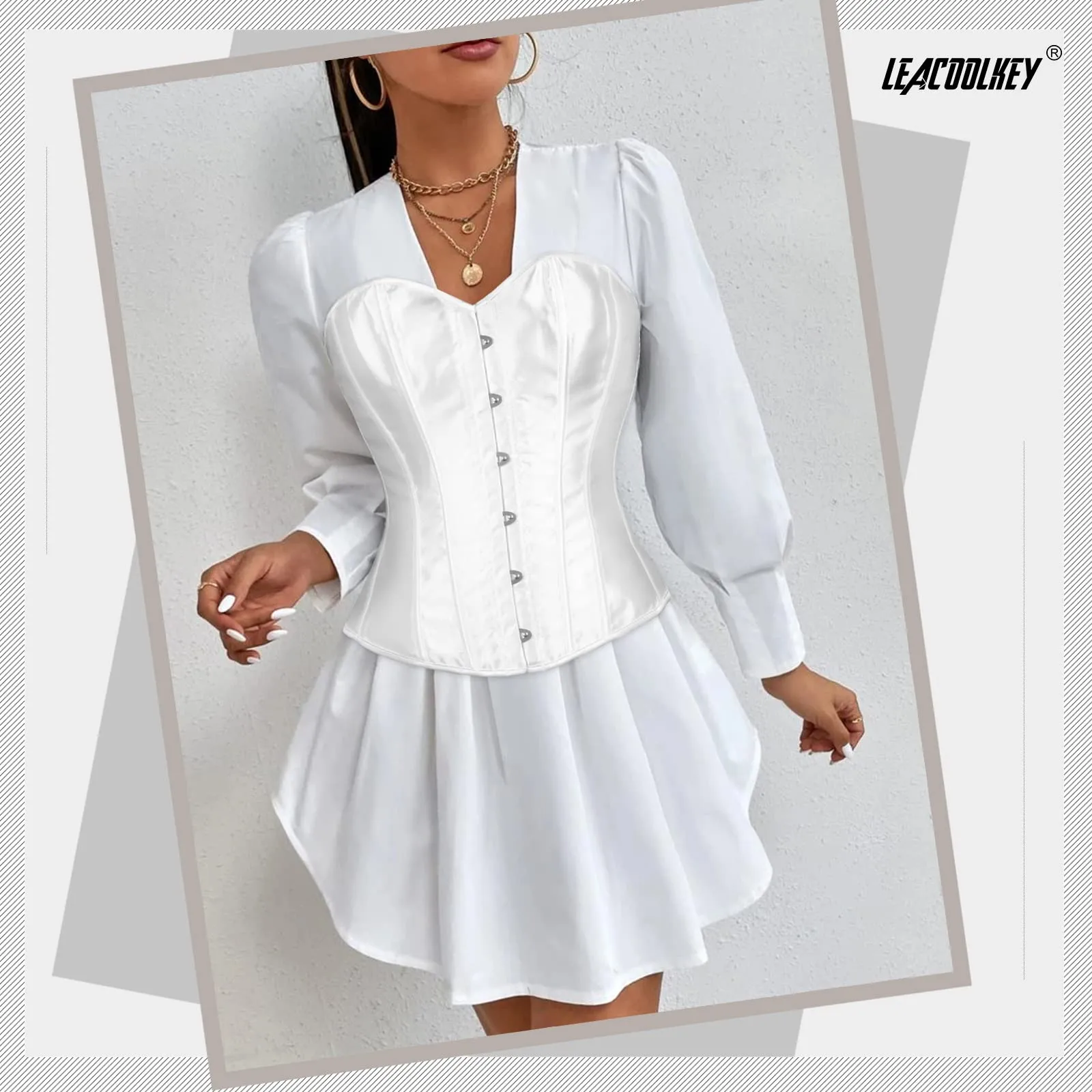 LEACOOLKEY Corsetto Gotico Push-Up Bodyshaper Bianco, L - immagine 7
