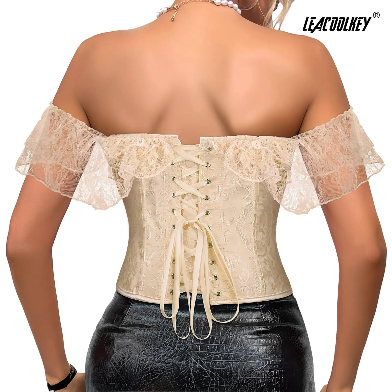 LEACOOLKEY Corsetto Gotico Push-up Bodyshaper per Donna, L, Pizzo Beige - immagine 5