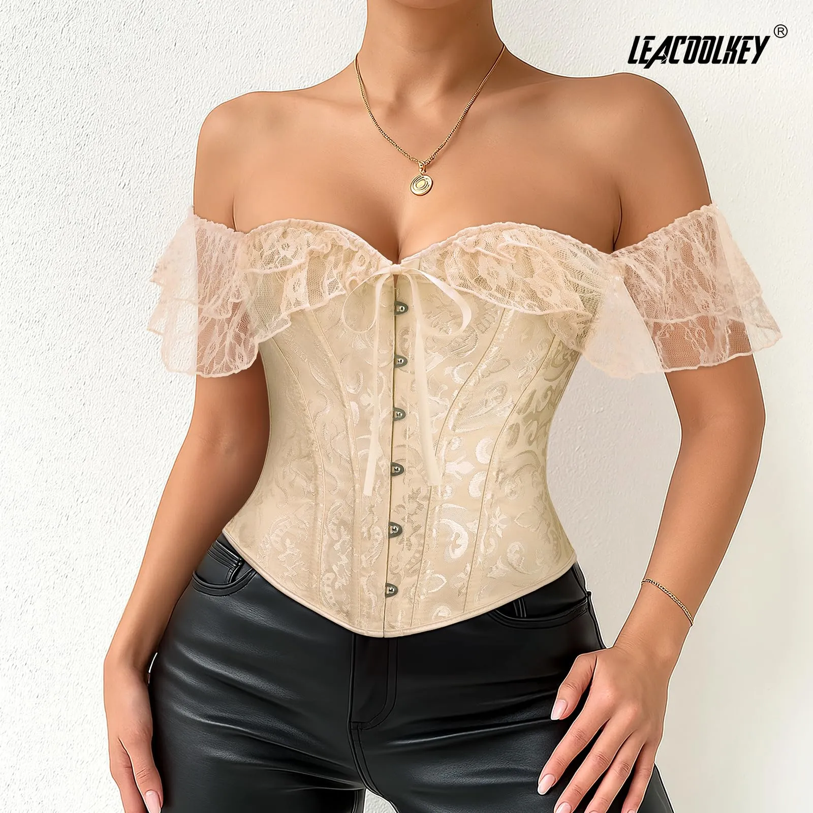 LEACOOLKEY Corsetto Gotico Push-up Bodyshaper per Donna, L, Pizzo Beige - immagine 6