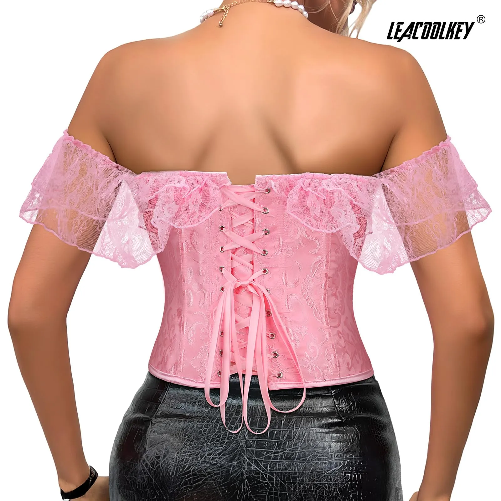 LEACOOLKEY Corsetto Gotico Push-up Bodyshaper per Donna, XXL, Pizzo Rosa - immagine 6