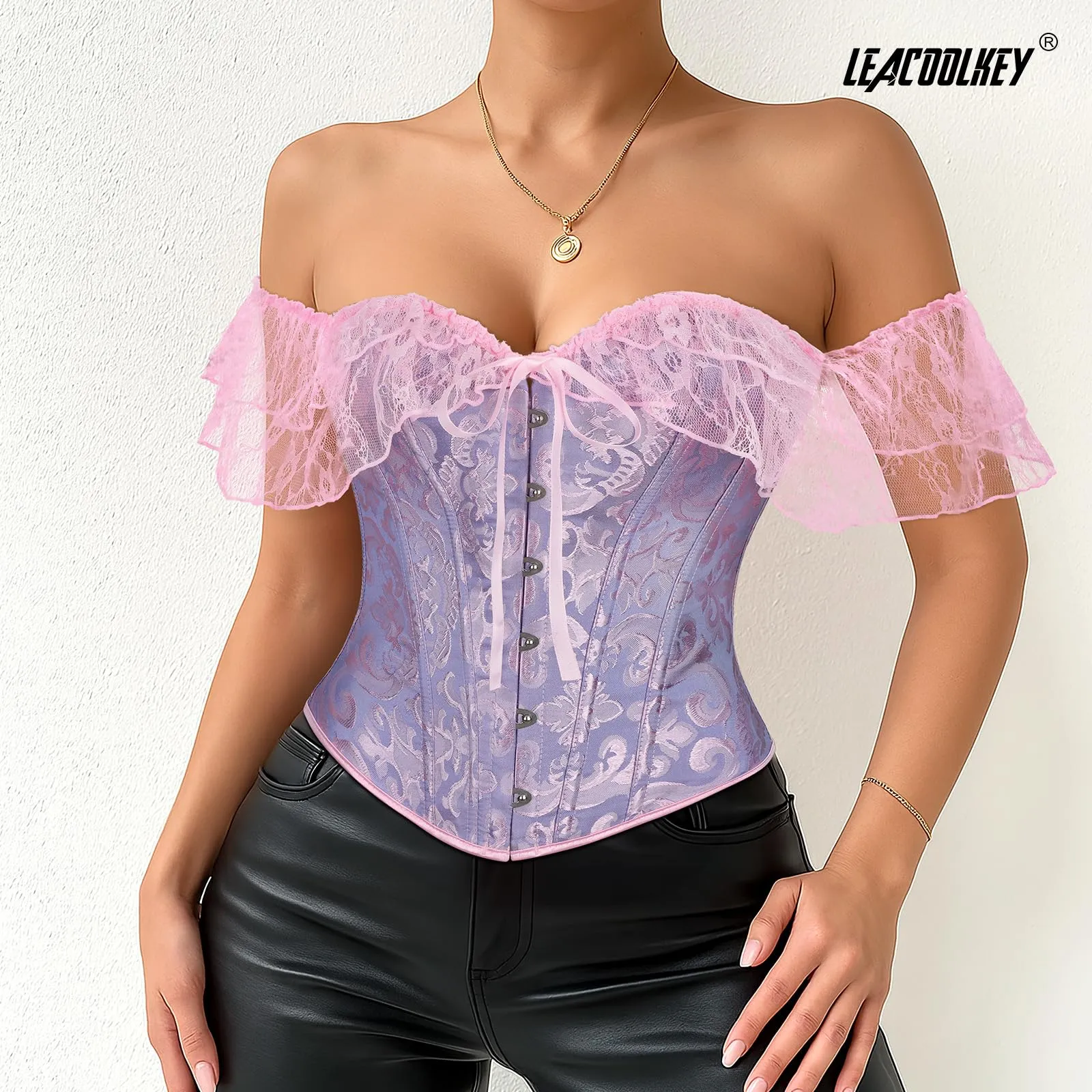 LEACOOLKEY Corsetto Gotico Push-Up Bodyshaper per Donna, XL, Pizzo Viola - immagine 6