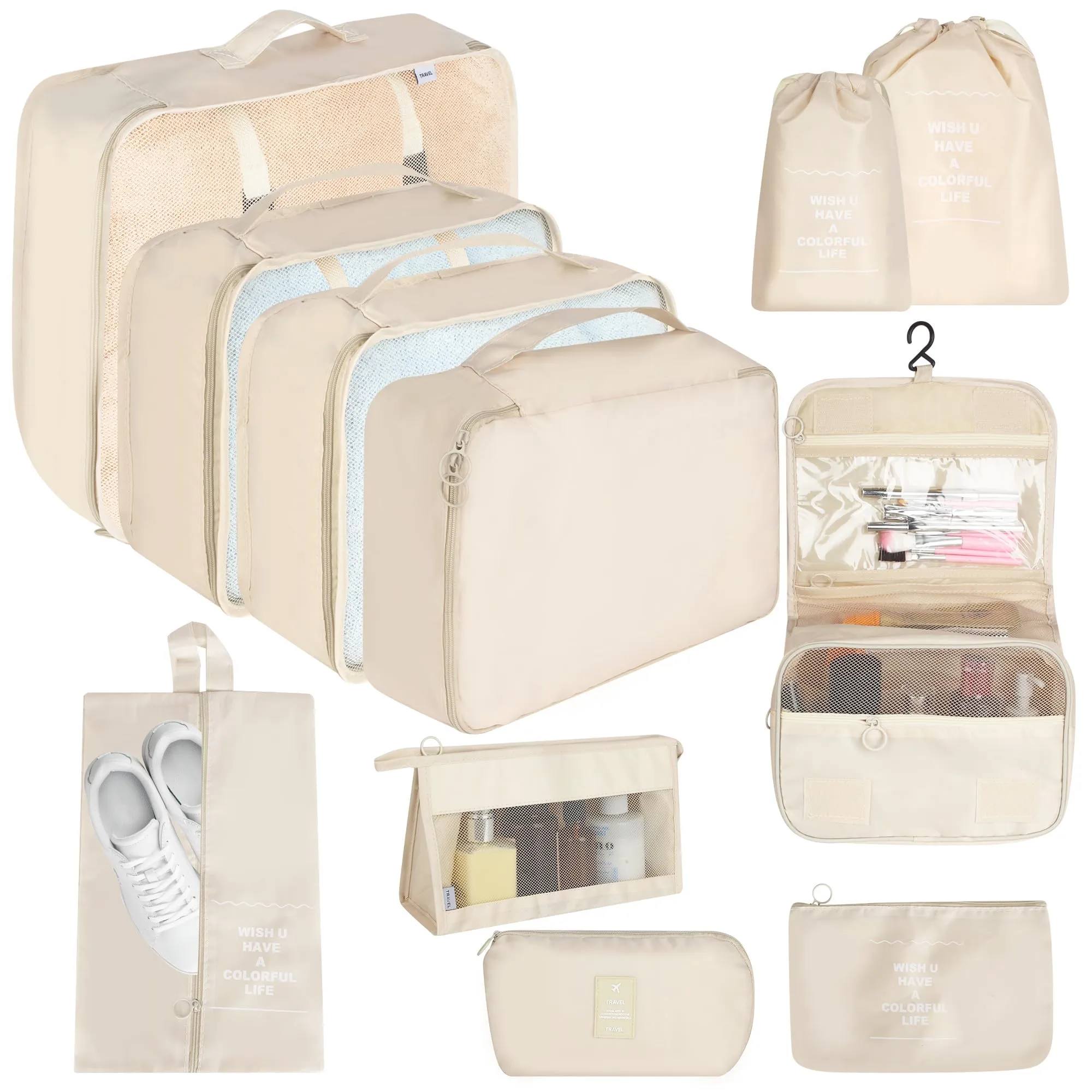 ACOMTUO Set 11 Packing Cubes Organizzazione Bagagli con Borsa Cosmetici, Scarpe e Cavi - Beige - immagine 1