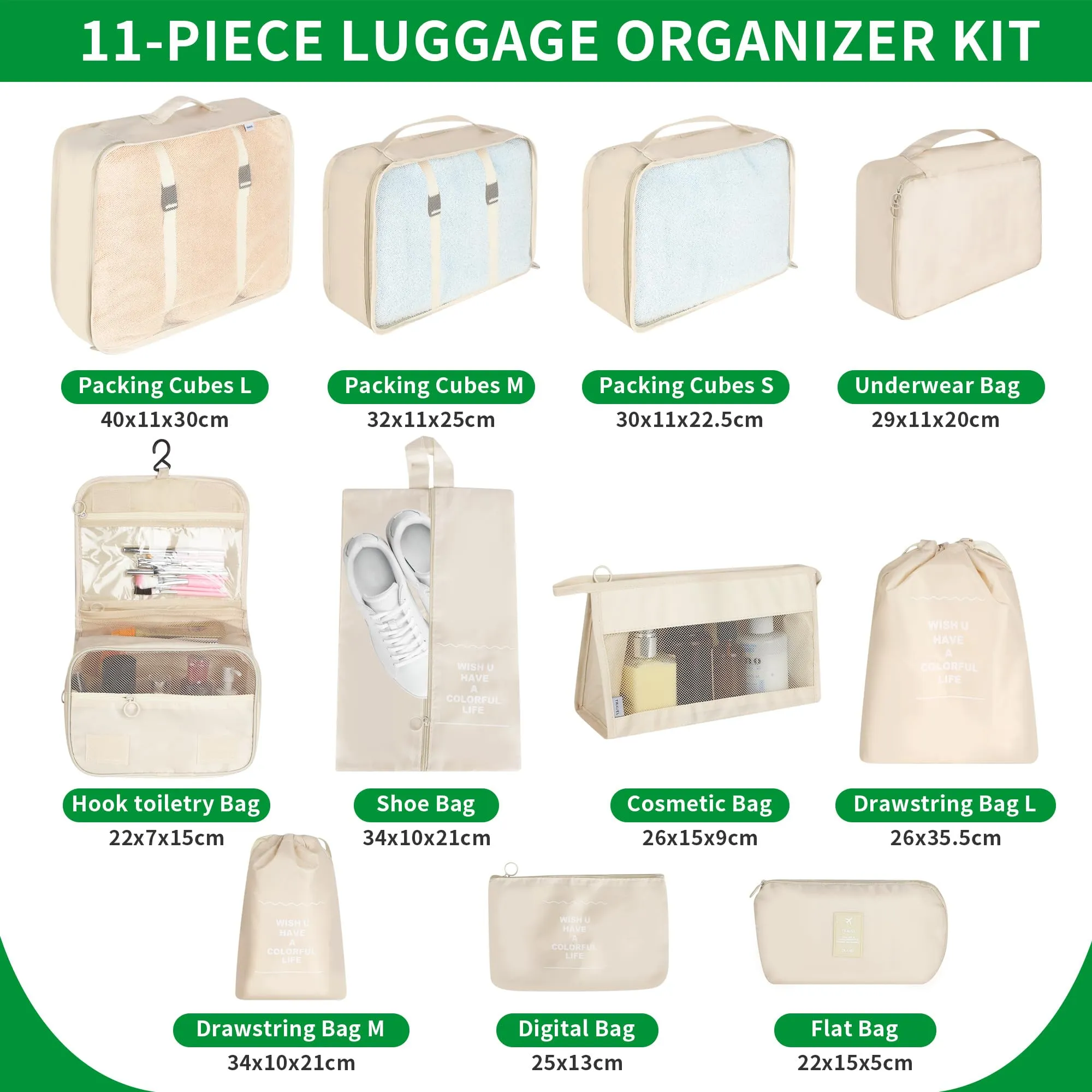 ACOMTUO Set 11 Packing Cubes Organizzazione Bagagli con Borsa Cosmetici, Scarpe e Cavi - Beige - immagine 2