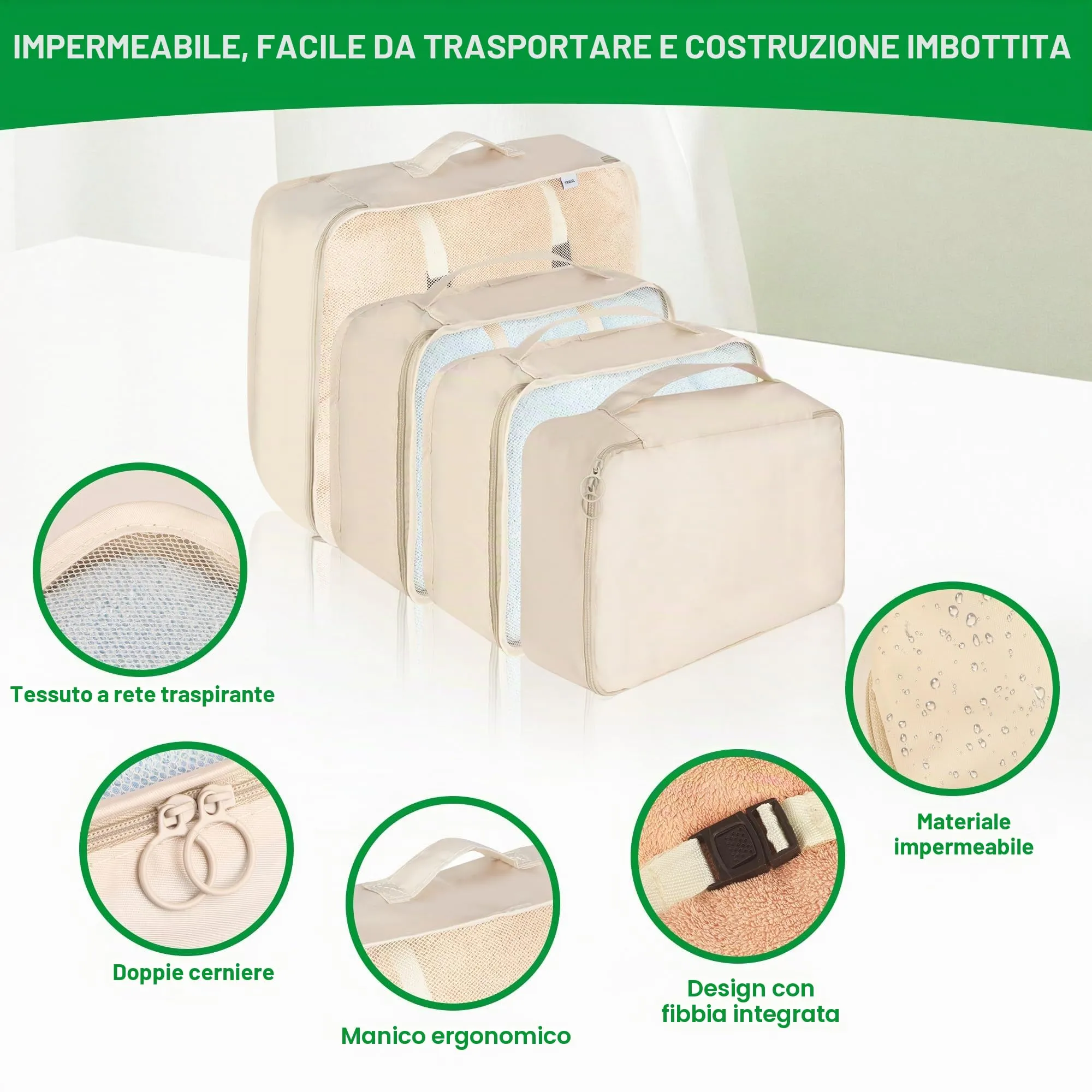 ACOMTUO Set 11 Packing Cubes Organizzazione Bagagli con Borsa Cosmetici, Scarpe e Cavi - Beige - immagine 3