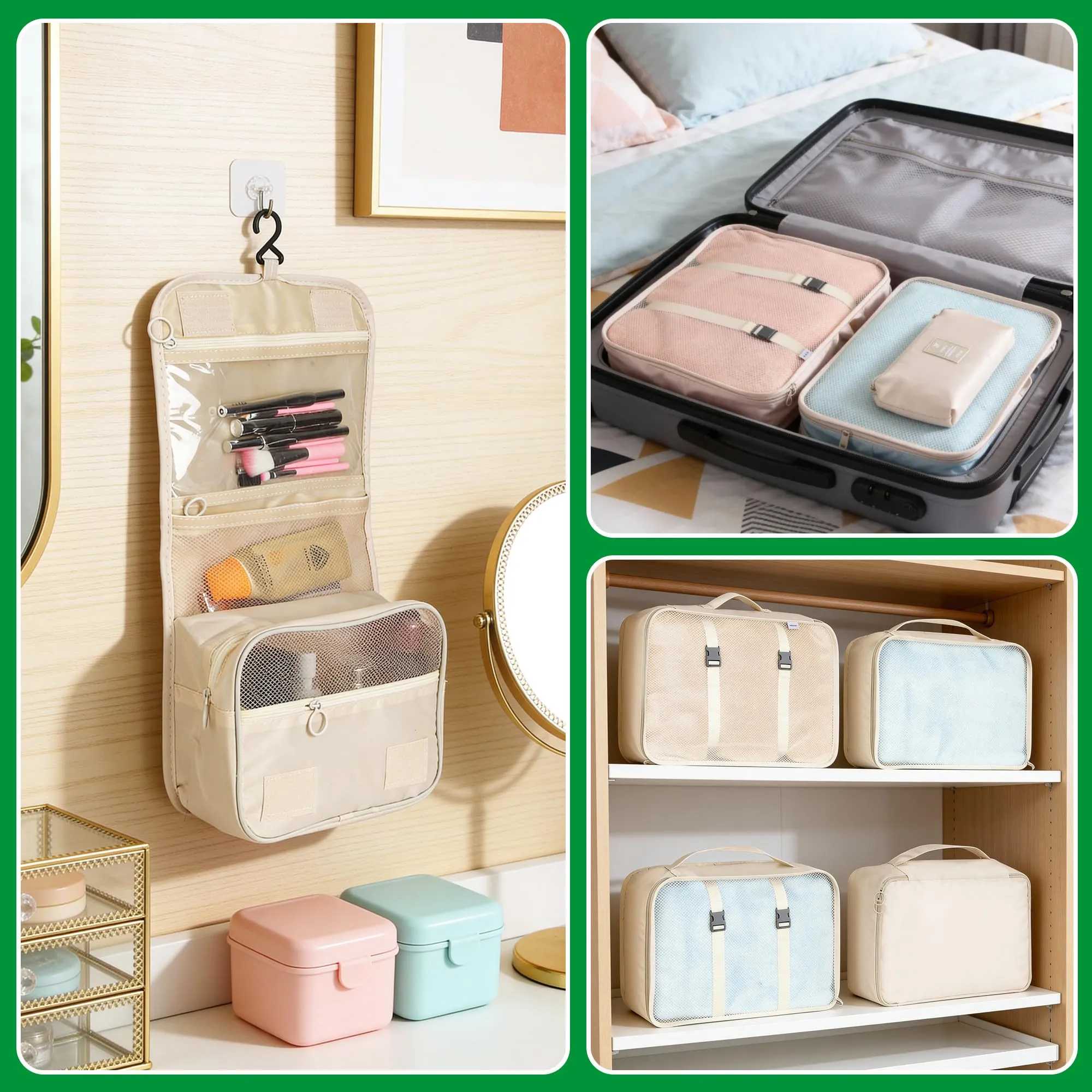 ACOMTUO Set 11 Packing Cubes Organizzazione Bagagli con Borsa Cosmetici, Scarpe e Cavi - Beige - immagine 7
