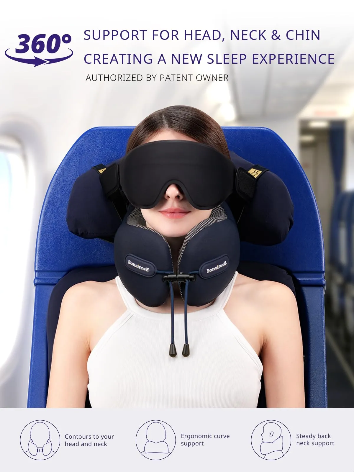 Bonairest Cuscino da Viaggio per Aereo con Mascherina e Fascia di Supporto BAK004 - immagine 2
