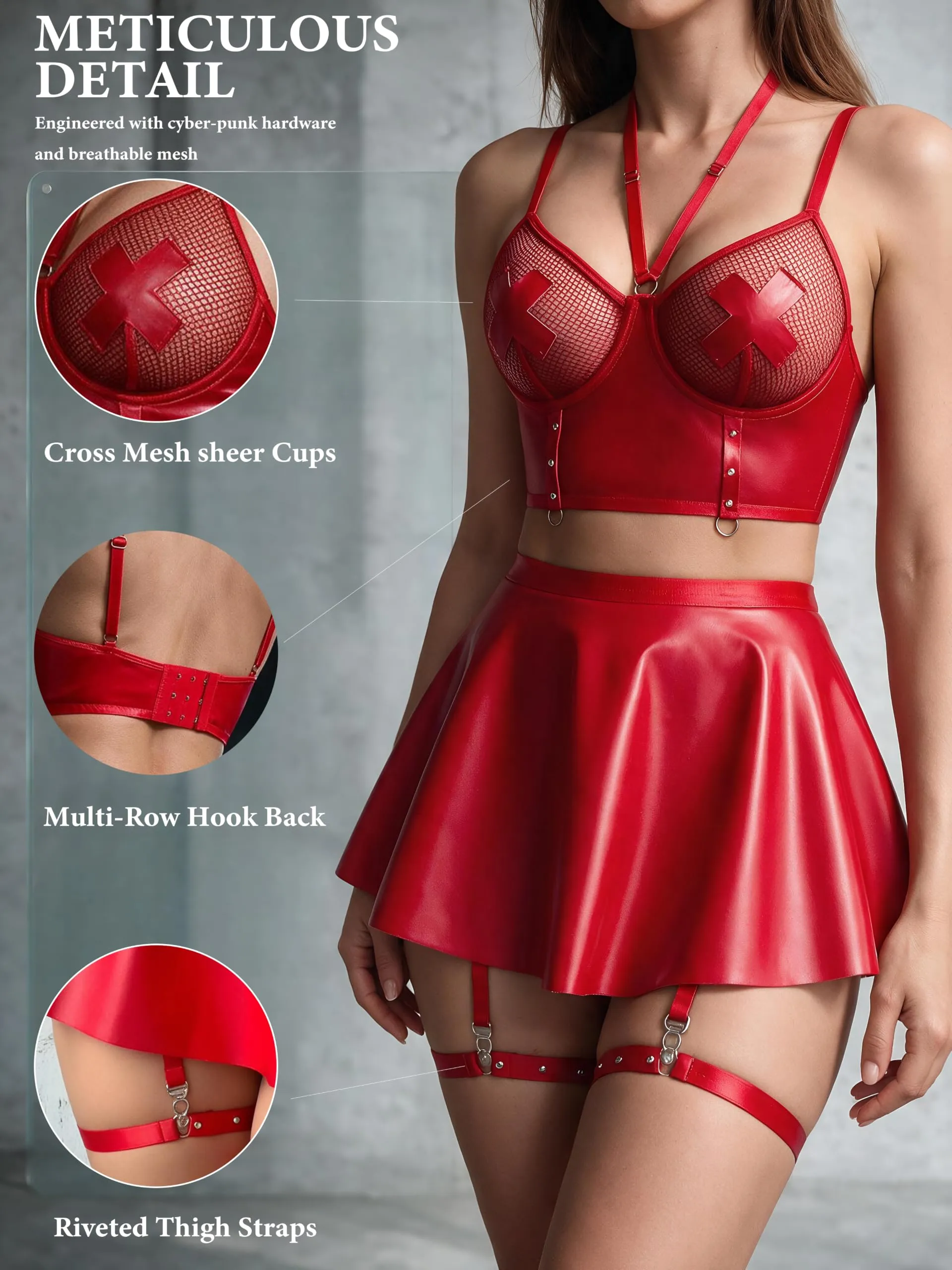 FULLJOYLOVE Set di Lingerie in Pelle con Perizoma e Gonna, 5 Pezzi - immagine 3