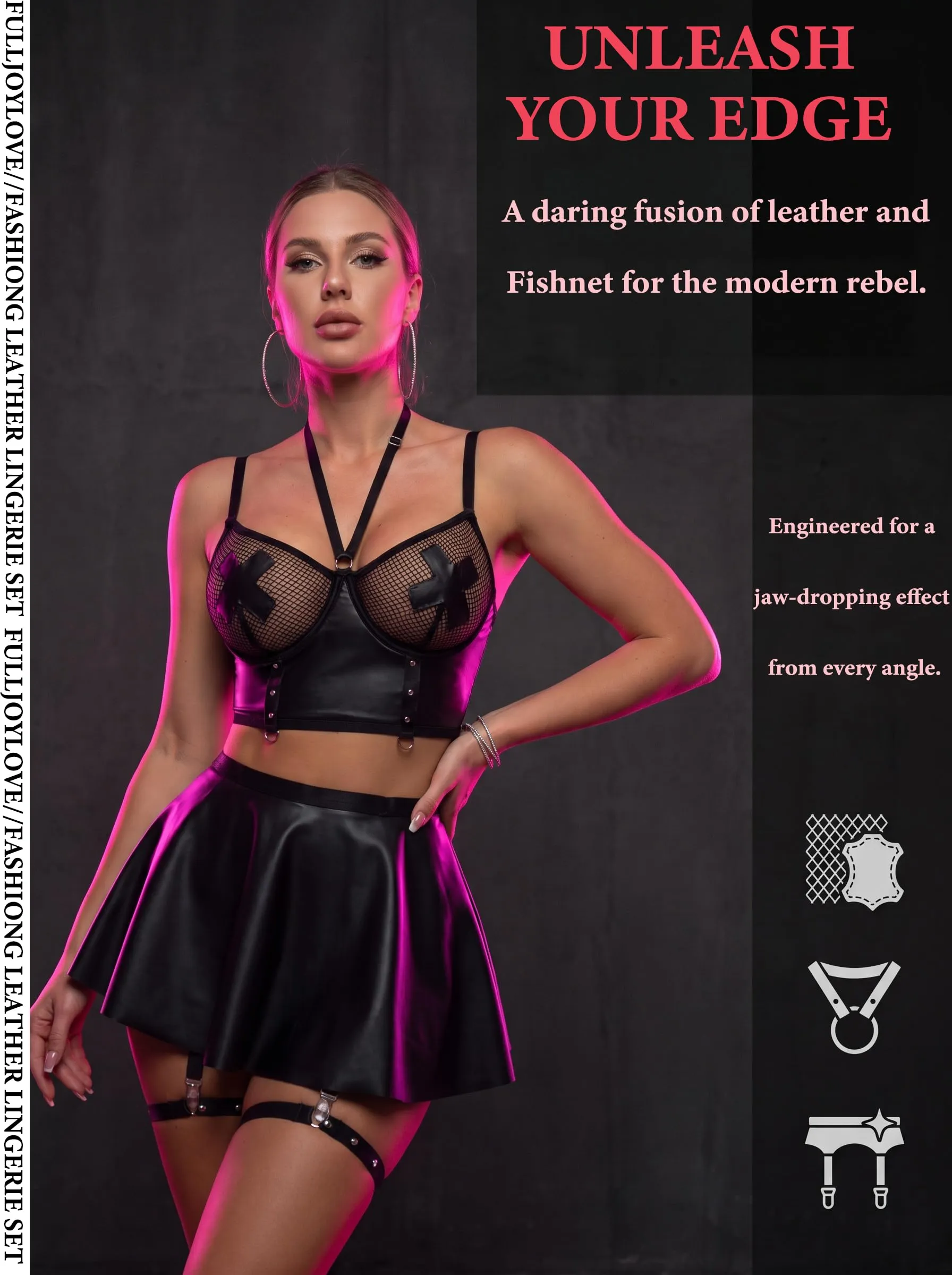 FULLJOYLOVE Set di Lingerie in Pelle con Perizoma e Gonna, 5 Pezzi - immagine 2