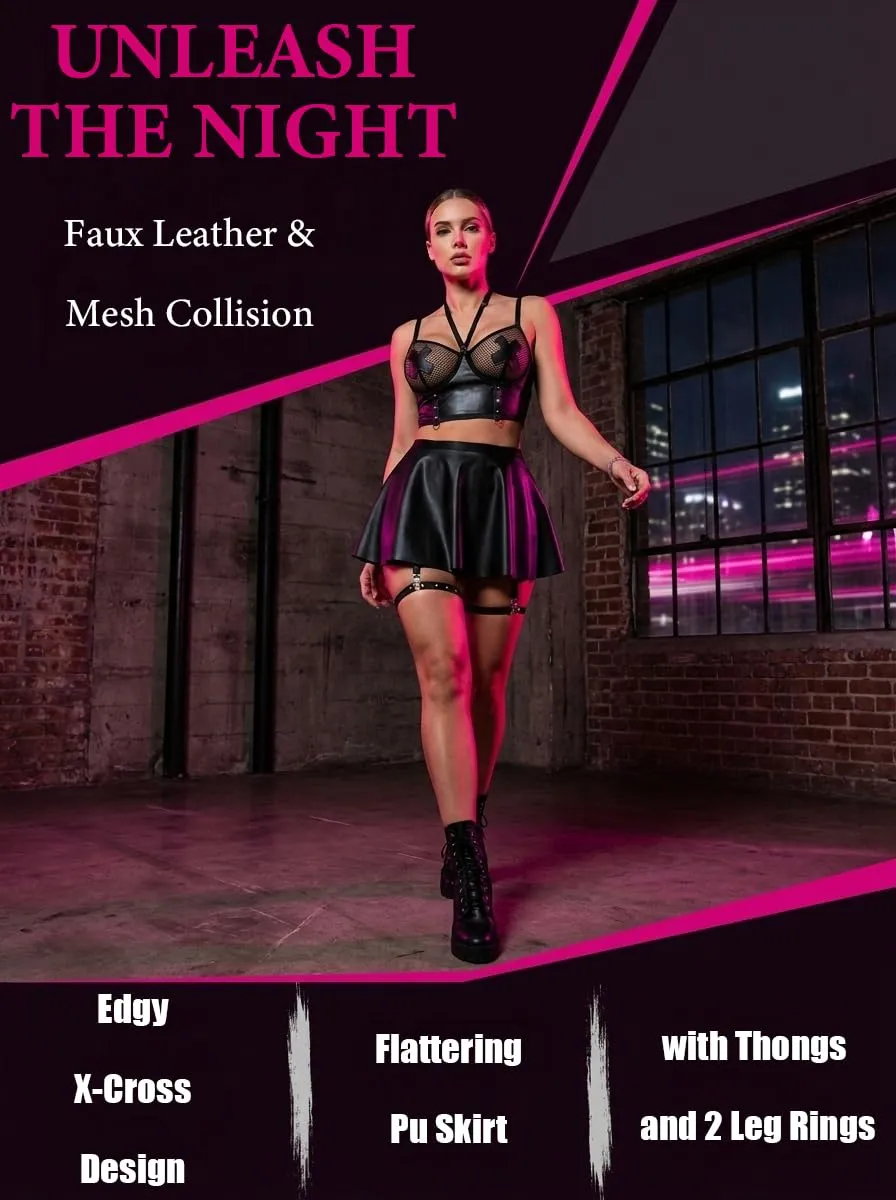 FULLJOYLOVE Set di Lingerie in Pelle con Perizoma e Gonna, 5 Pezzi - immagine 5