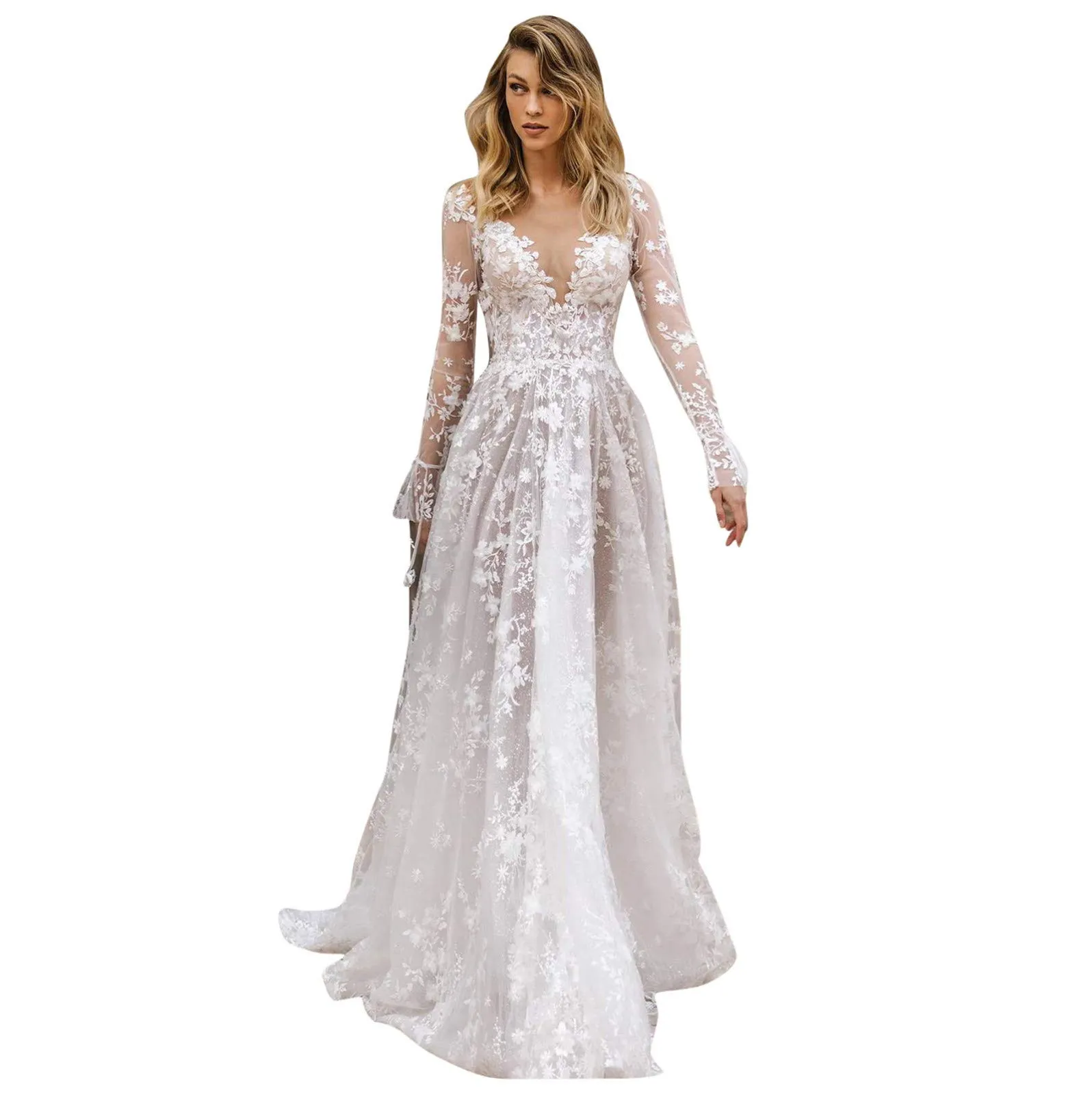 Generic Women's Lace V-Neck Party Dress - White - immagine 1